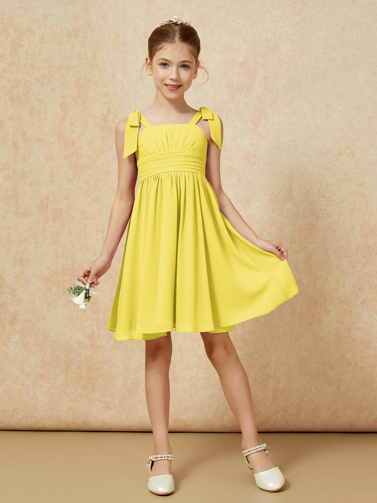 Bowknot Straps Knee-length Junior Bridesmaid Dresses Lemon - Image 5