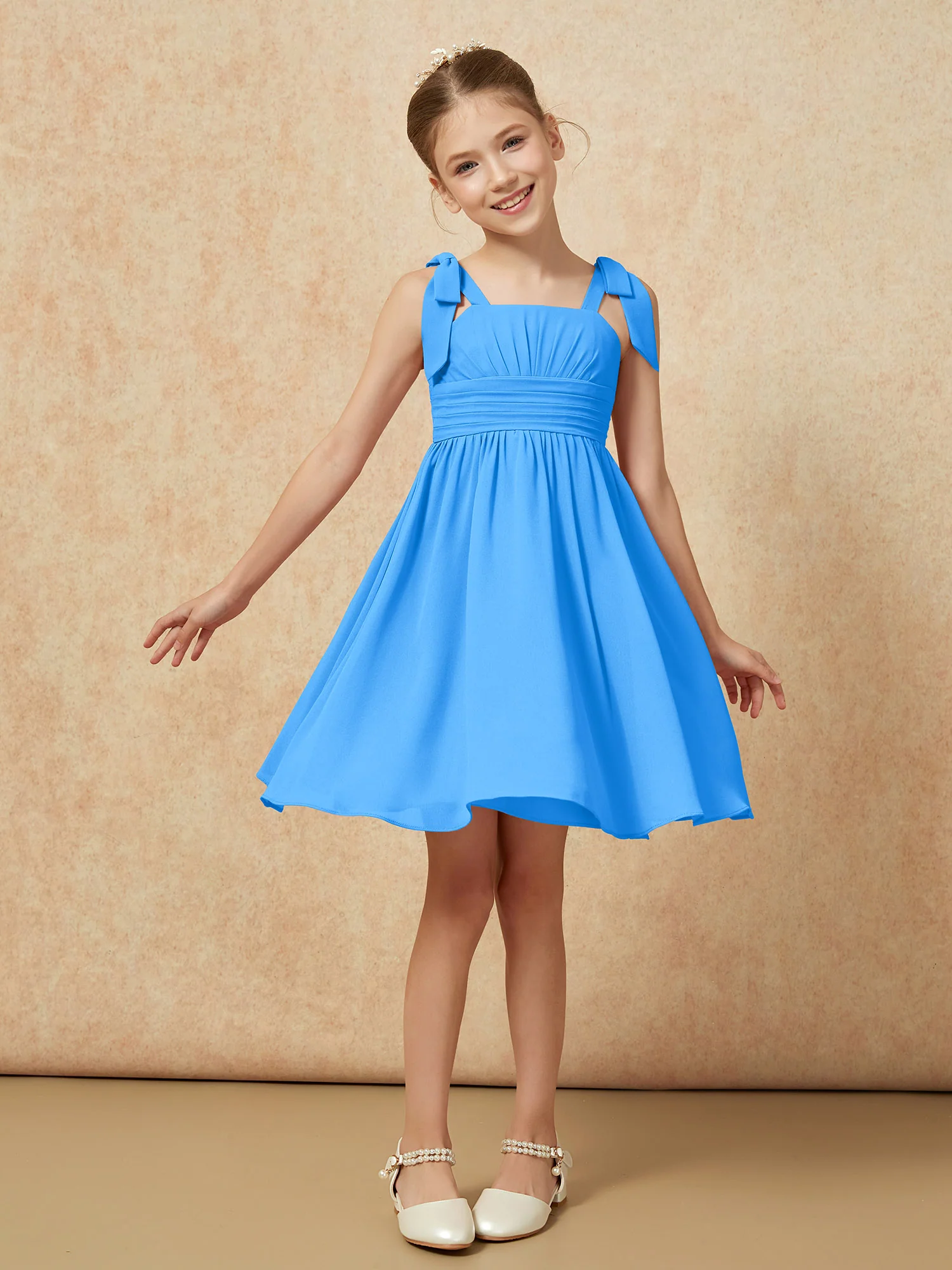 Bowknot Straps Knee-length Junior Bridesmaid Dresses Ocean Blue