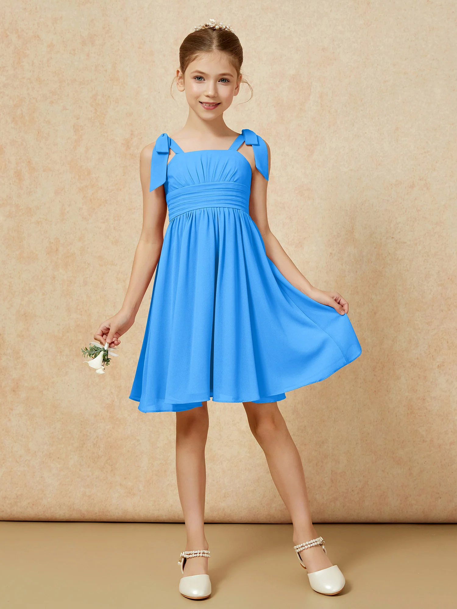 Bowknot Straps Knee-length Junior Bridesmaid Dresses Ocean Blue - Image 5