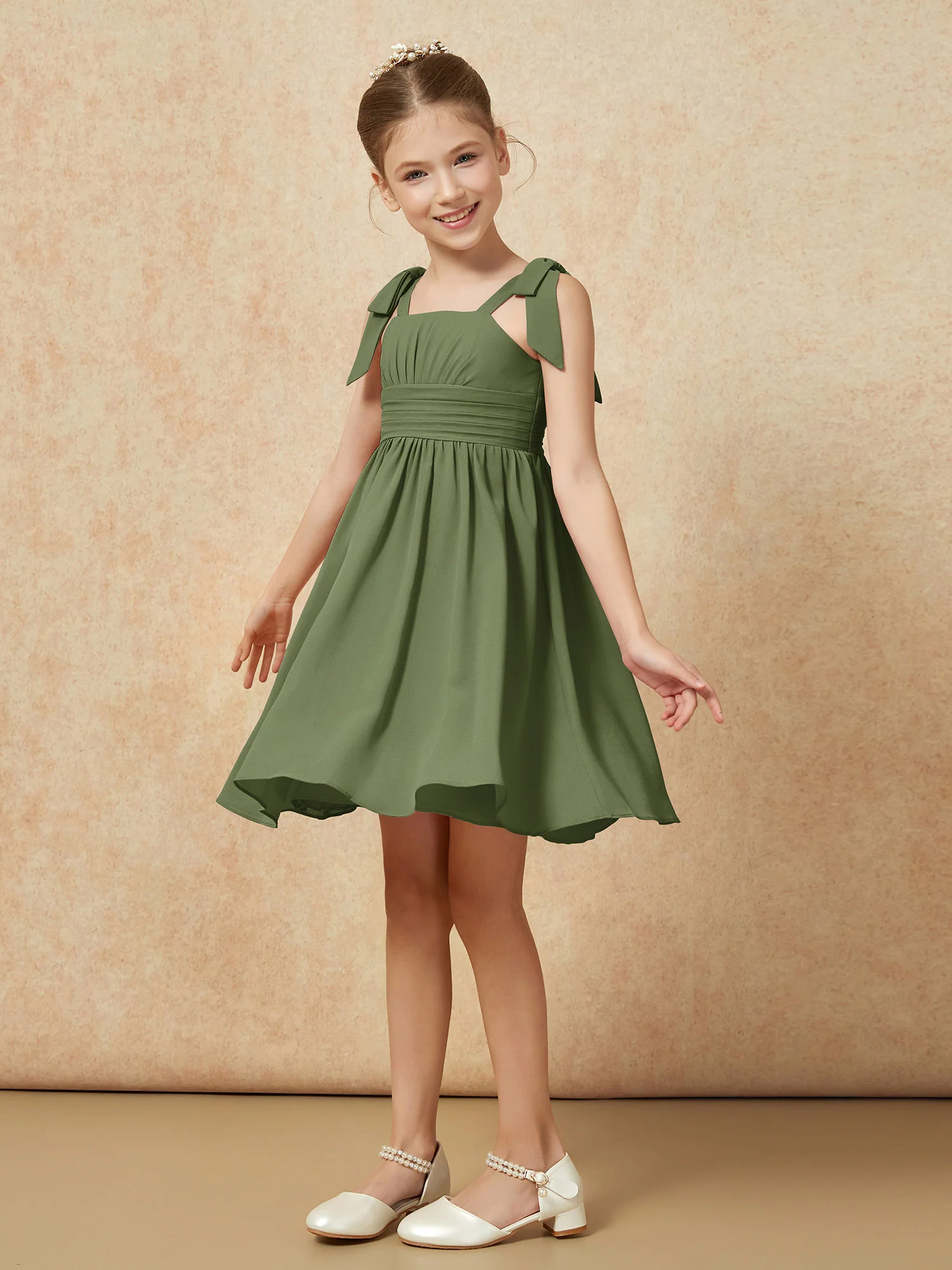 Bowknot Straps Knee-length Junior Bridesmaid Dresses Olive Green - Image 3