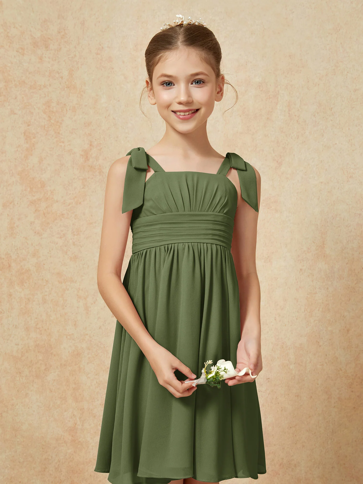 Bowknot Straps Knee-length Junior Bridesmaid Dresses Olive Green - Image 6