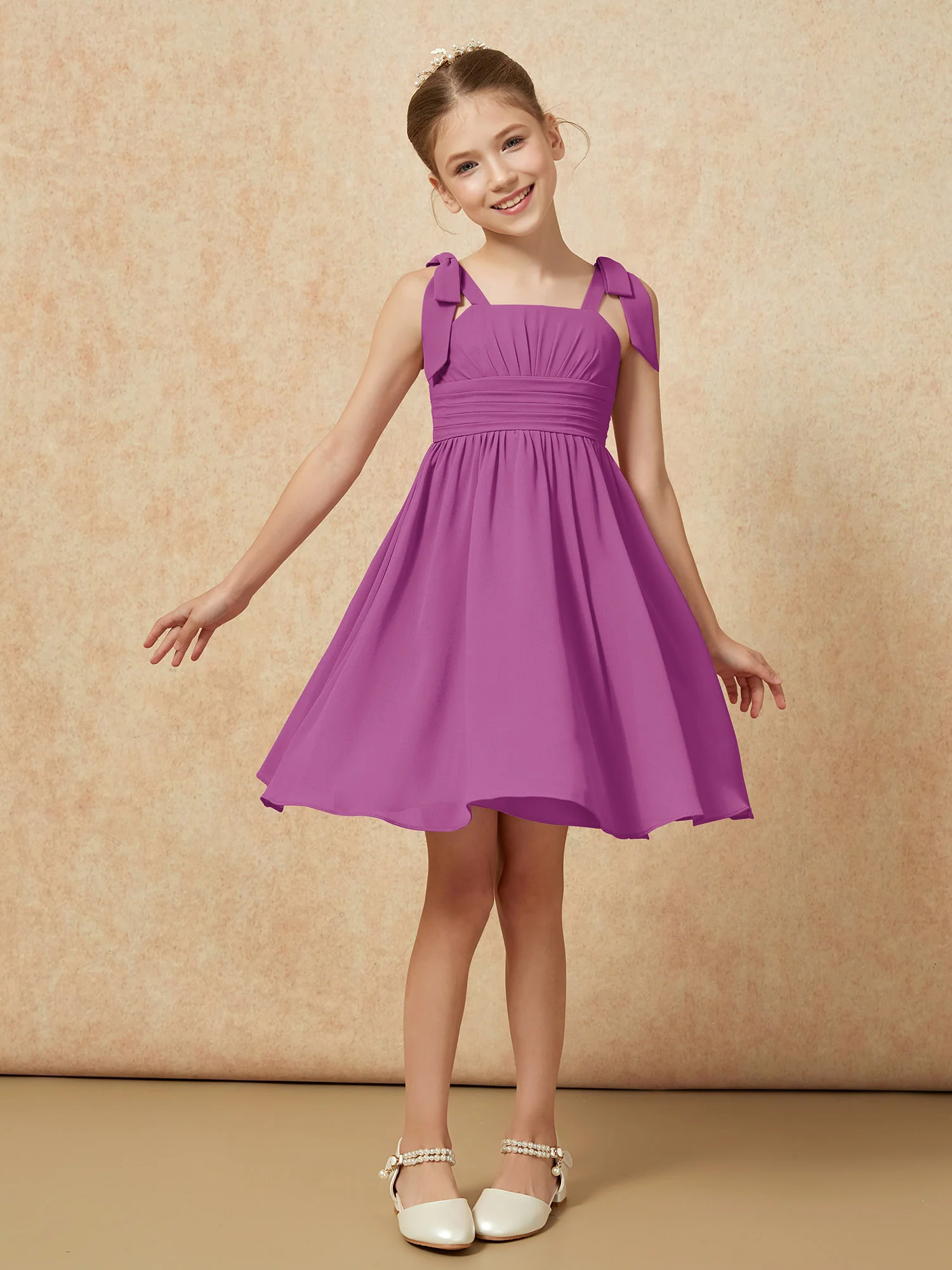 Bowknot Straps Knee-length Junior Bridesmaid Dresses Orchid