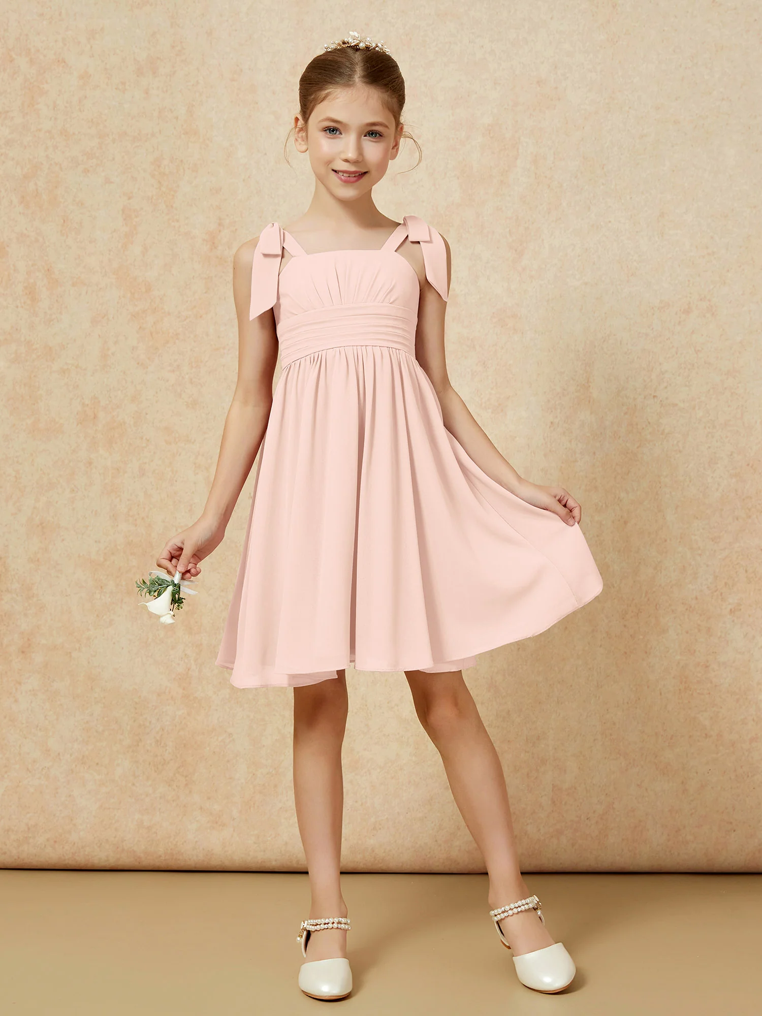 Bowknot Straps Knee-length Junior Bridesmaid Dresses Pearl Pink - Image 5