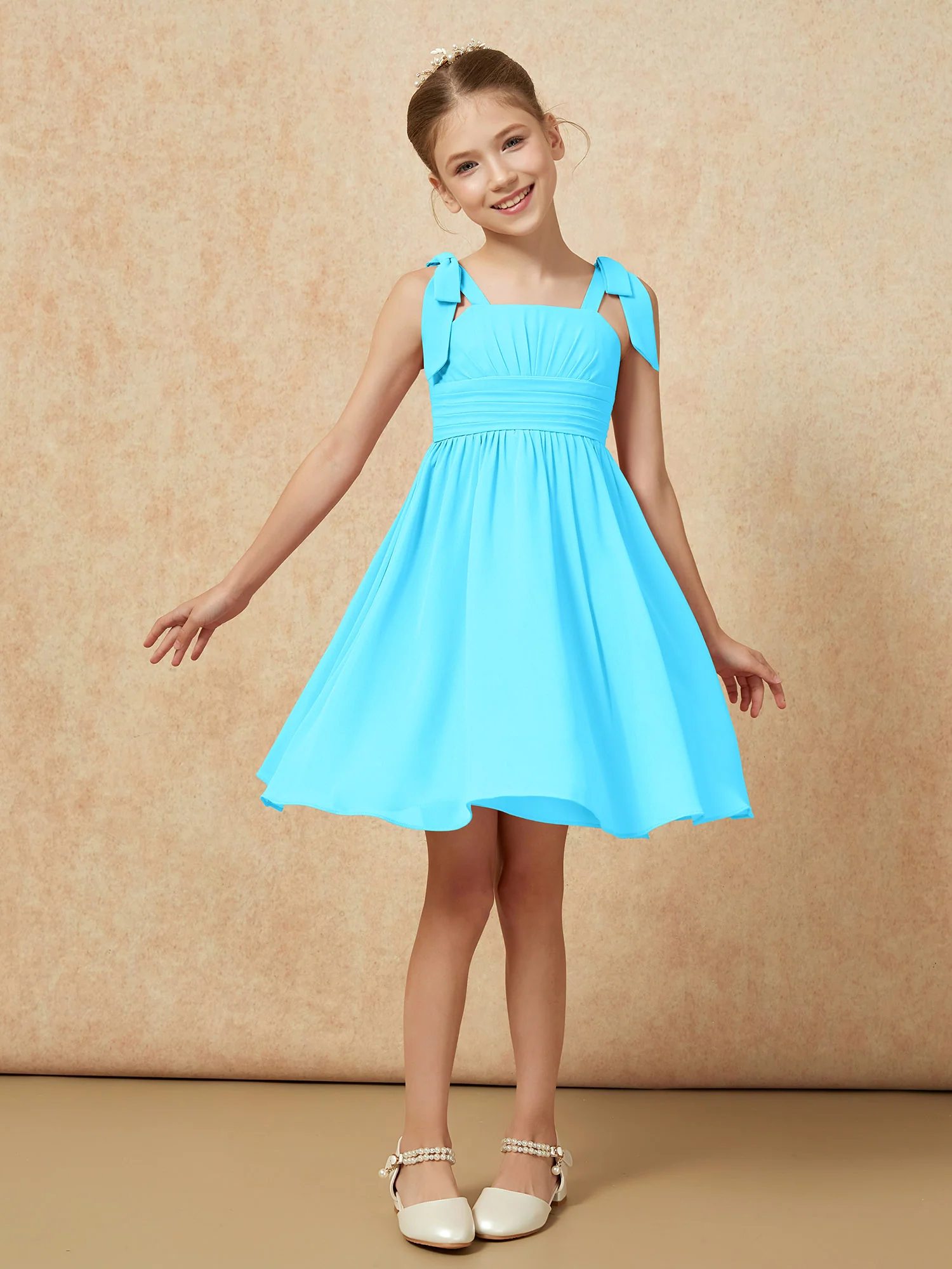 Bowknot Straps Knee-length Junior Bridesmaid Dresses Pool