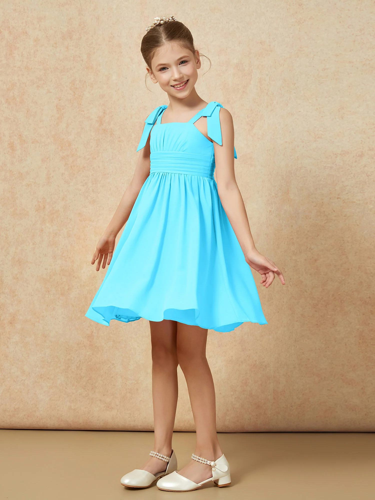 Bowknot Straps Knee-length Junior Bridesmaid Dresses Pool - Image 3