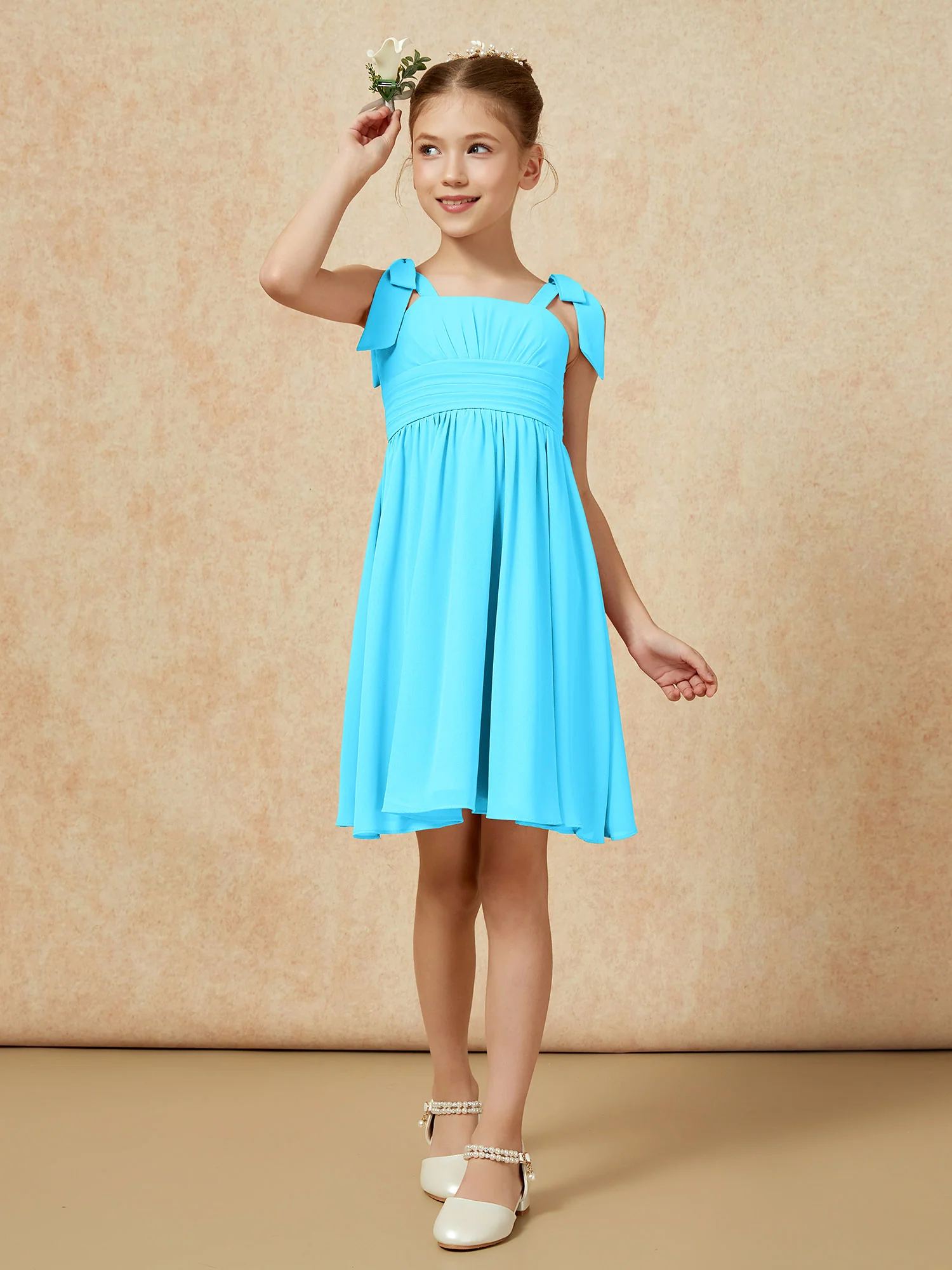 Bowknot Straps Knee-length Junior Bridesmaid Dresses Pool - Image 4
