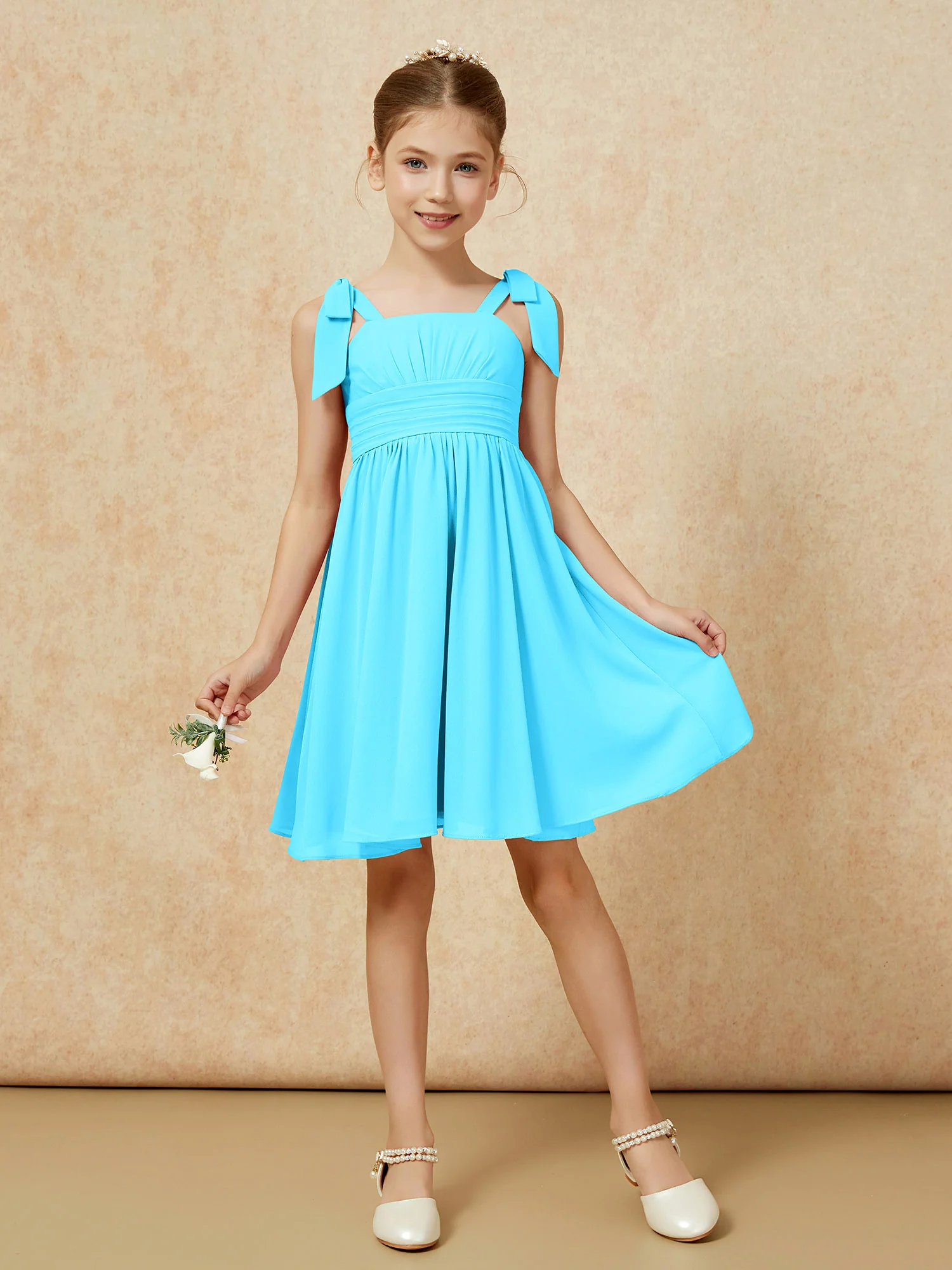 Bowknot Straps Knee-length Junior Bridesmaid Dresses Pool - Image 5