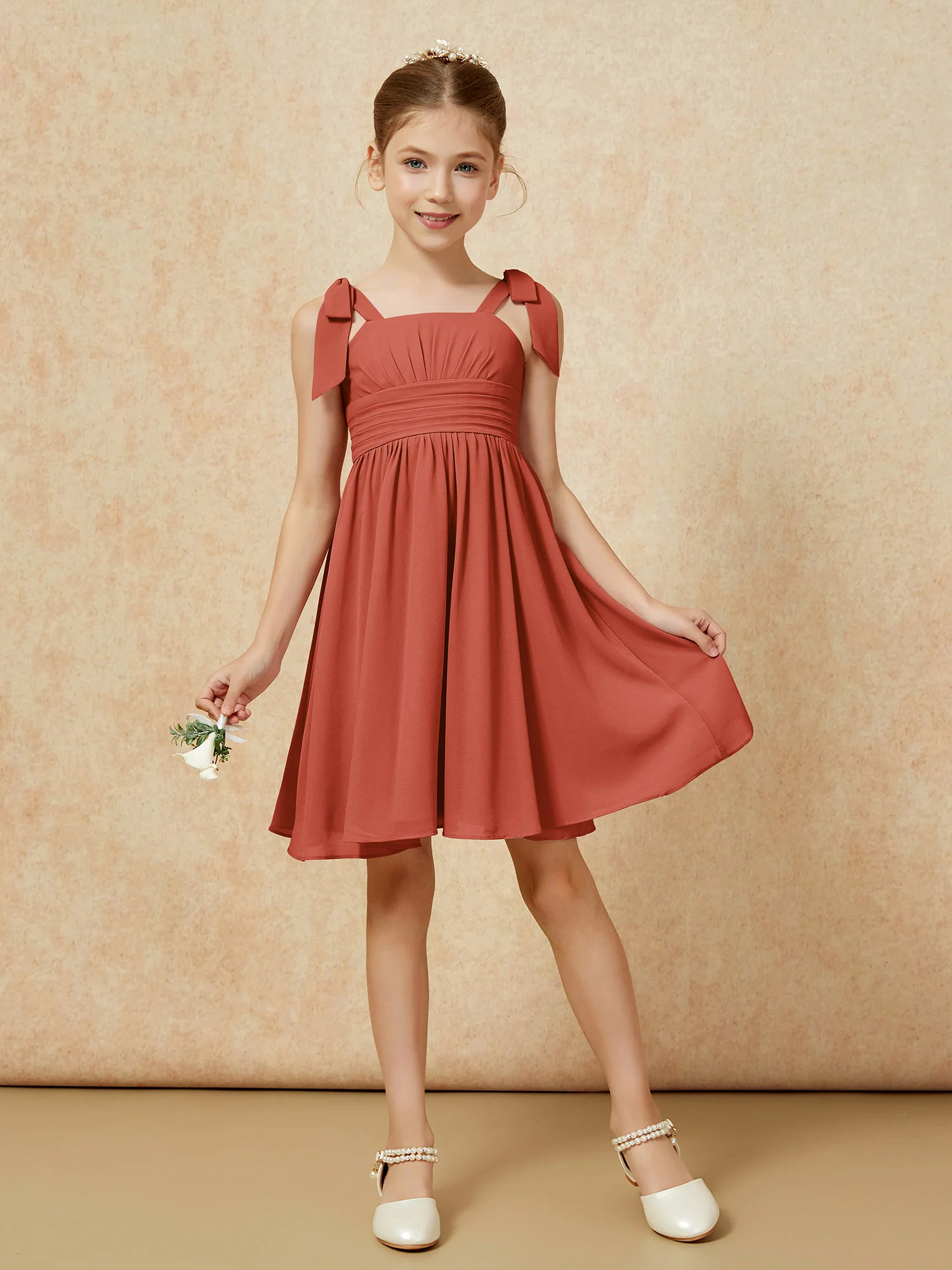 Bowknot Straps Knee-length Junior Bridesmaid Dresses Rust - Image 5
