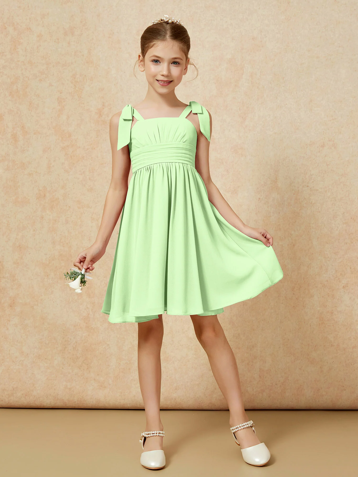Bowknot Straps Knee-length Junior Bridesmaid Dresses Sage - Image 5