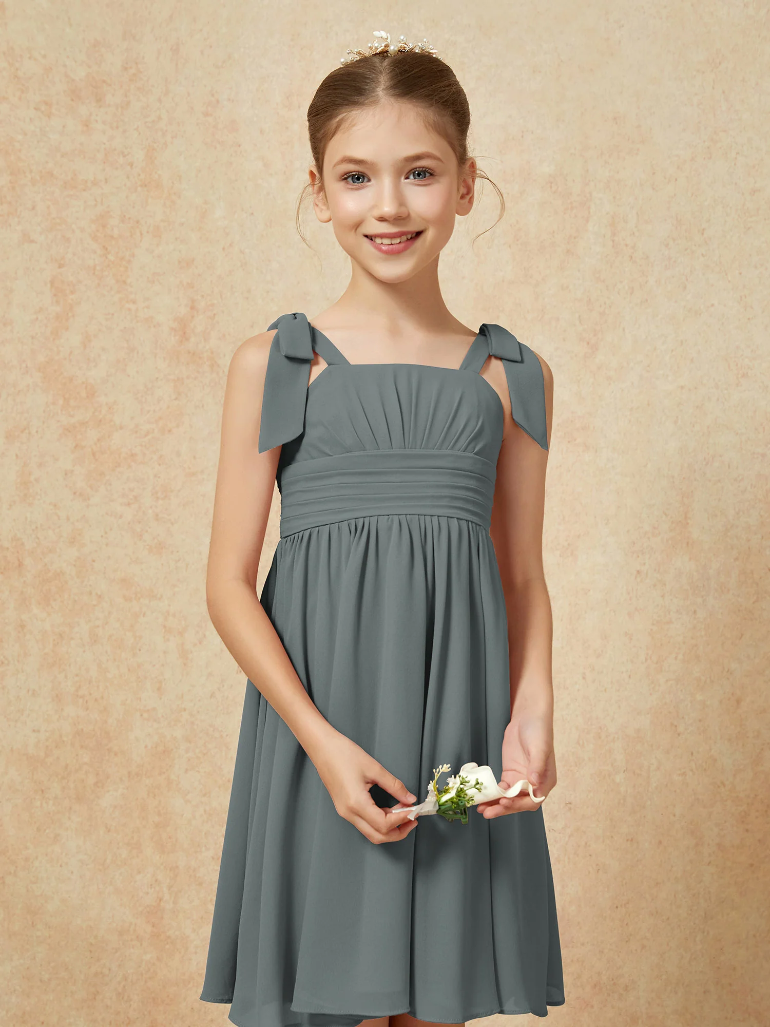 Bowknot Straps Knee-length Junior Bridesmaid Dresses Steel Grey - Image 6