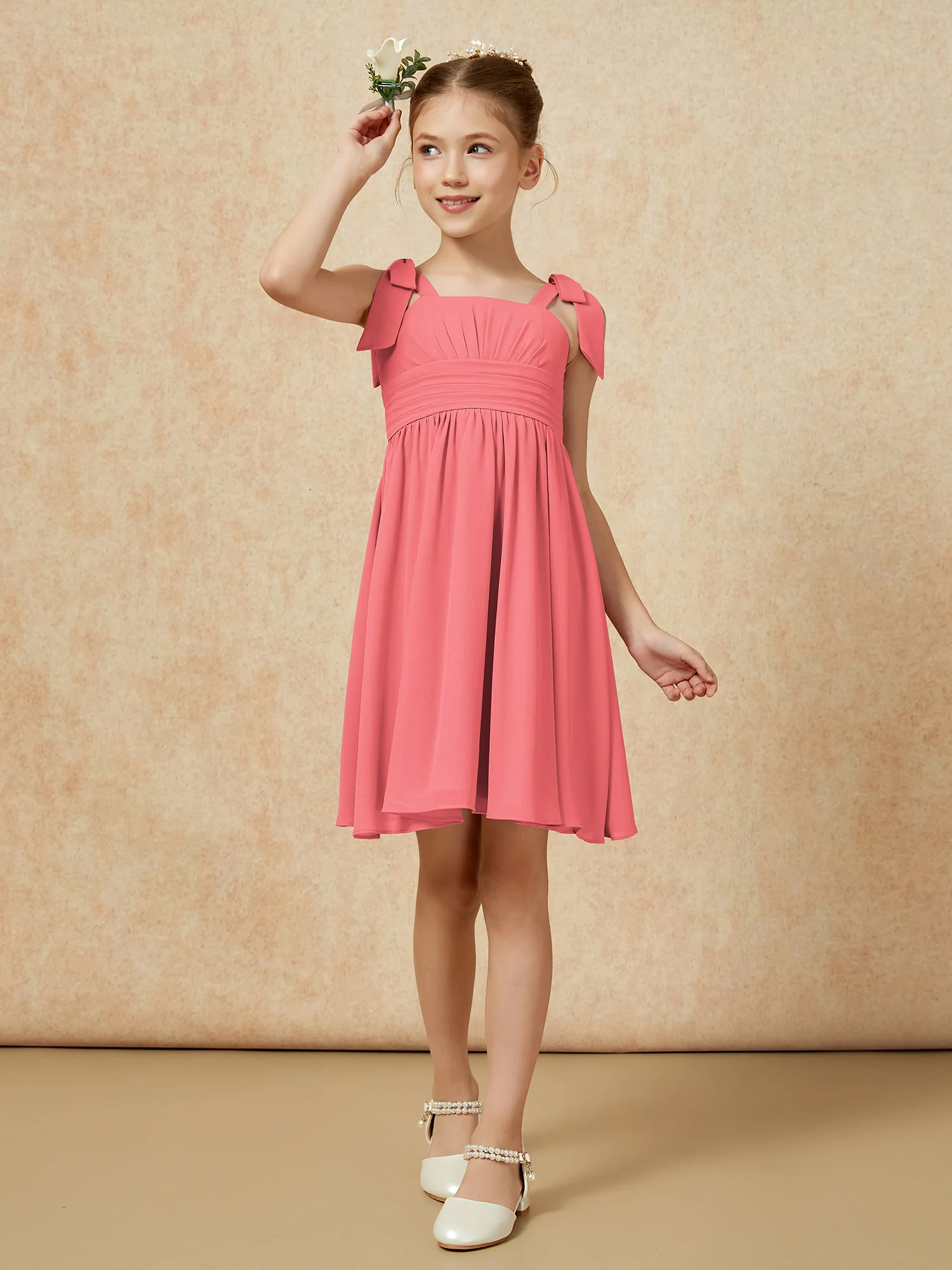 Bowknot Straps Knee-length Junior Bridesmaid Dresses Watermelon - Image 4