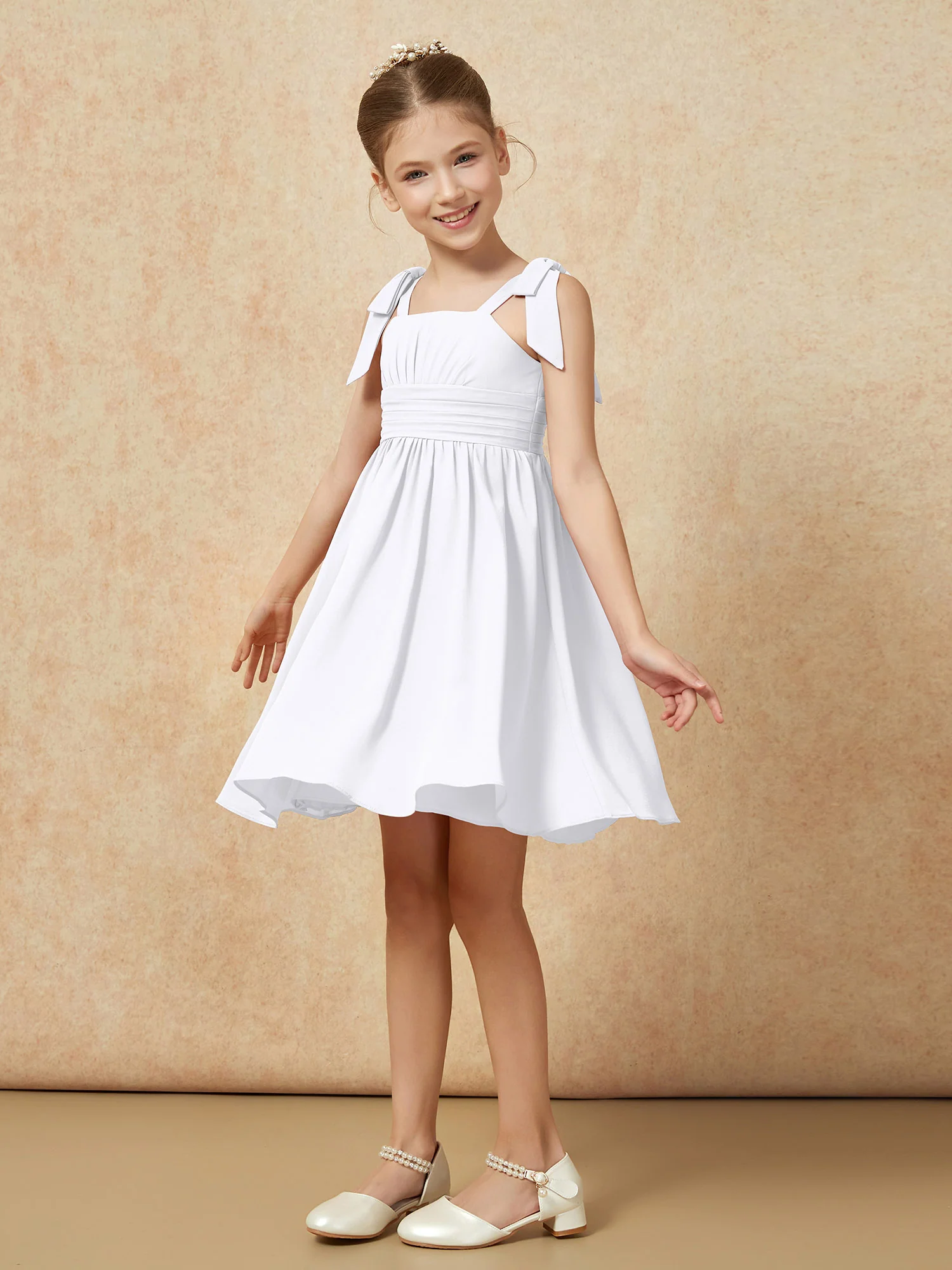 Bowknot Straps Knee-length Junior Bridesmaid Dresses White - Image 3