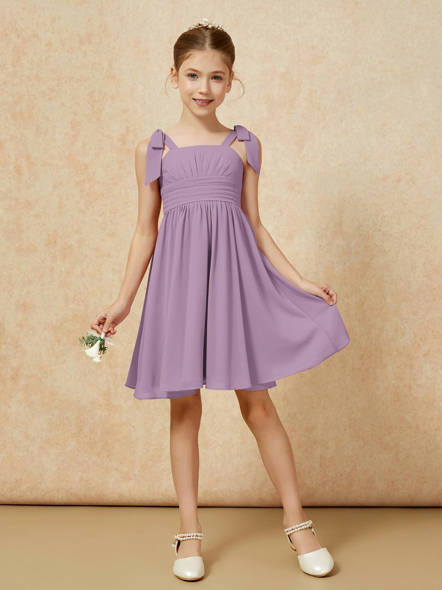 Bowknot Straps Knee-length Junior Bridesmaid Dresses Wisteria - Image 5