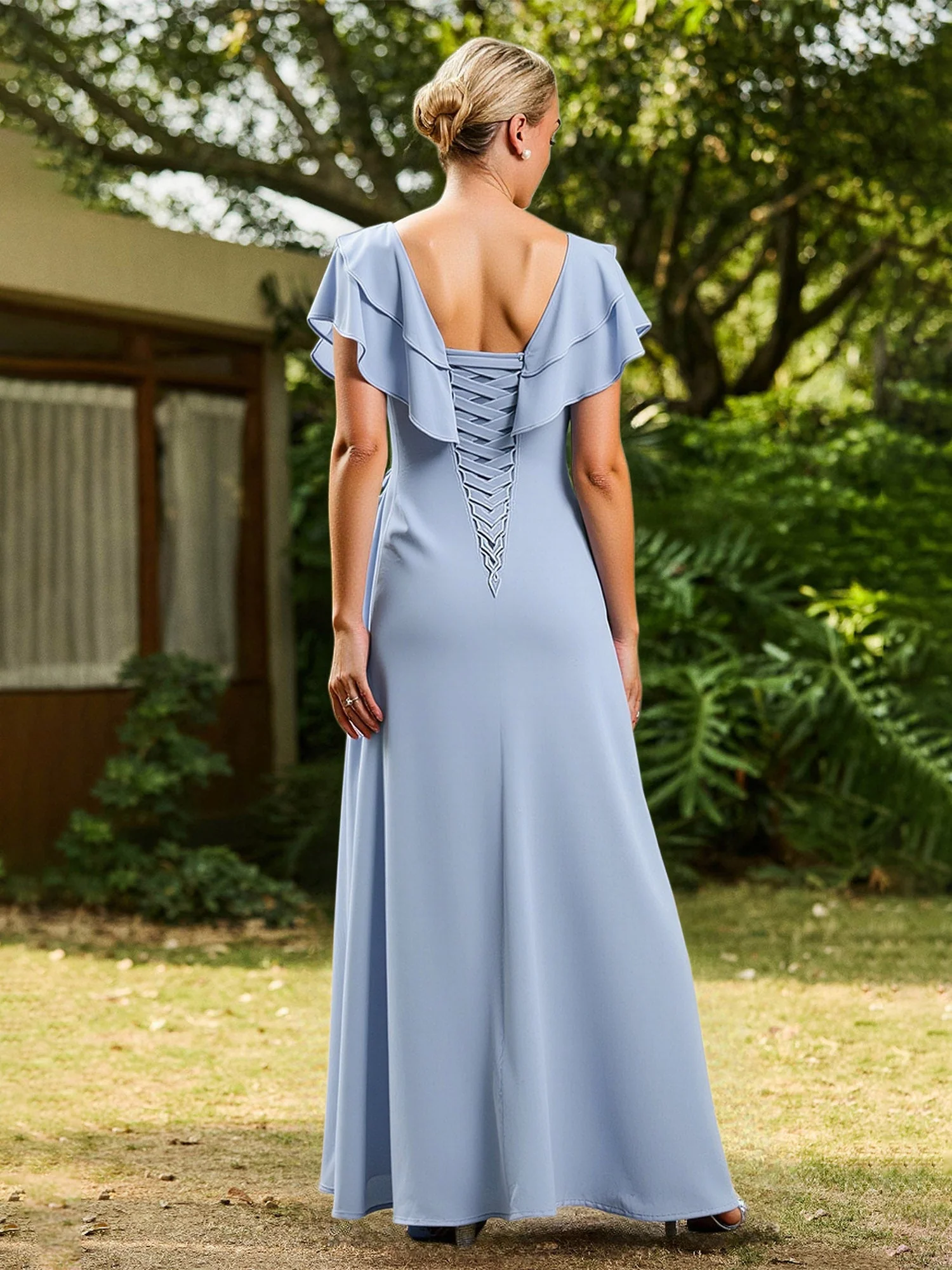 A-Line Flutter Sleeves Ruffles Chiffon Long Dress Vintage Mauve - Image 2