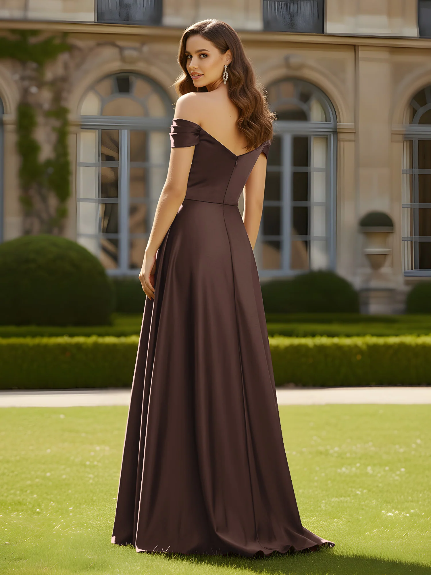 High Slit A-Line Dress with Crossover Bodice Chocolate - Image 2