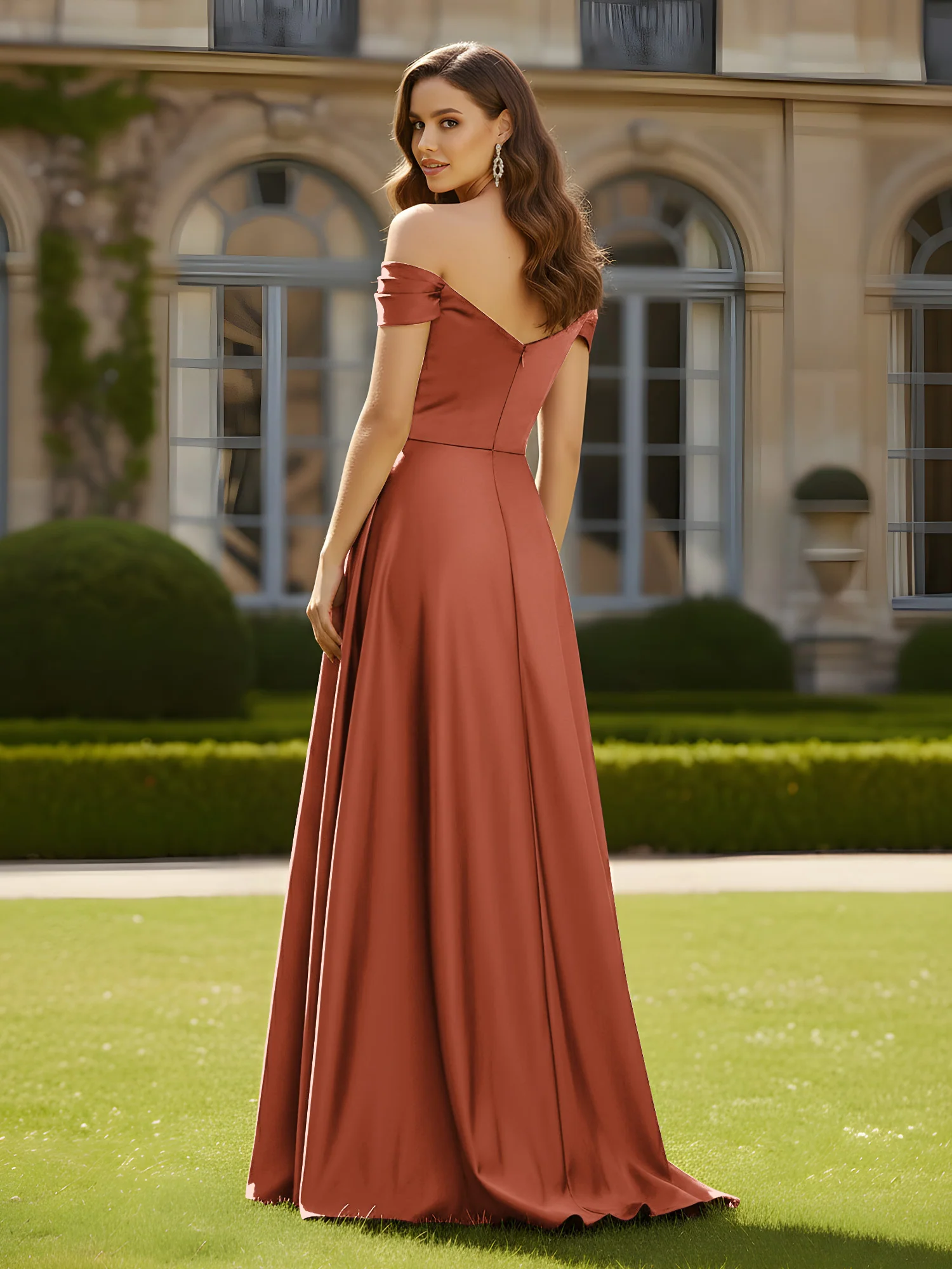 High Slit A-Line Dress with Crossover Bodice Rust - Image 2