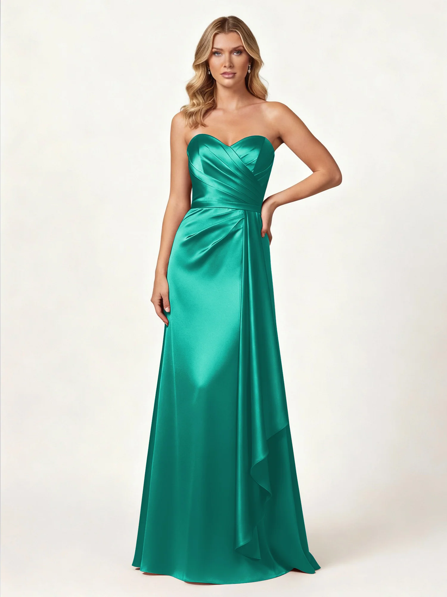 Strapless Sweetheart Neck Wrap Satin Gown Jade