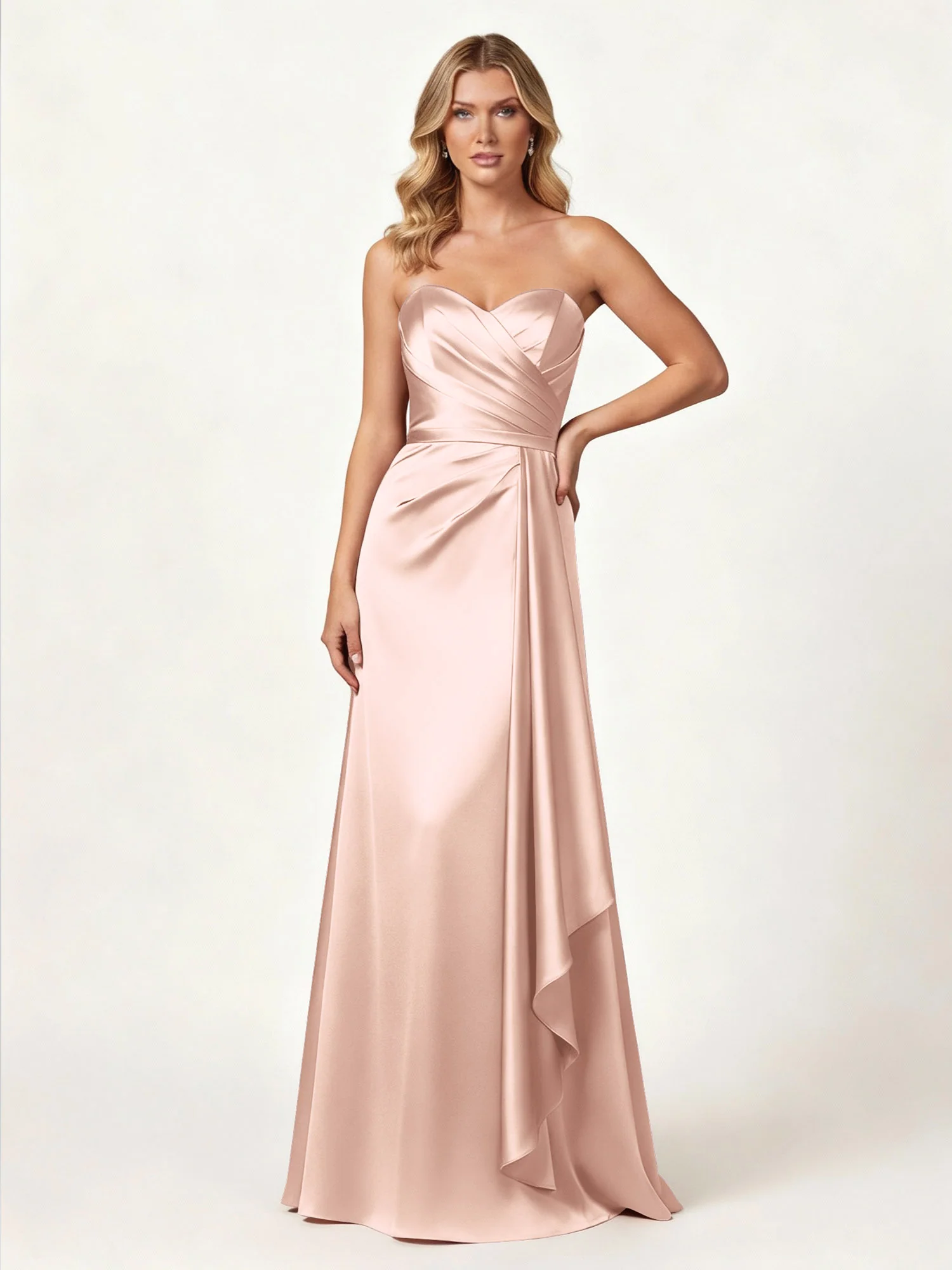Strapless Sweetheart Neck Wrap Satin Gown Pearl Pink