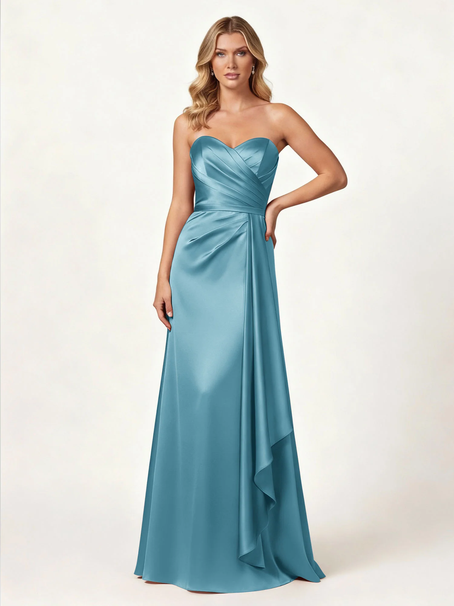 Strapless Sweetheart Neck Wrap Satin Gown Pool