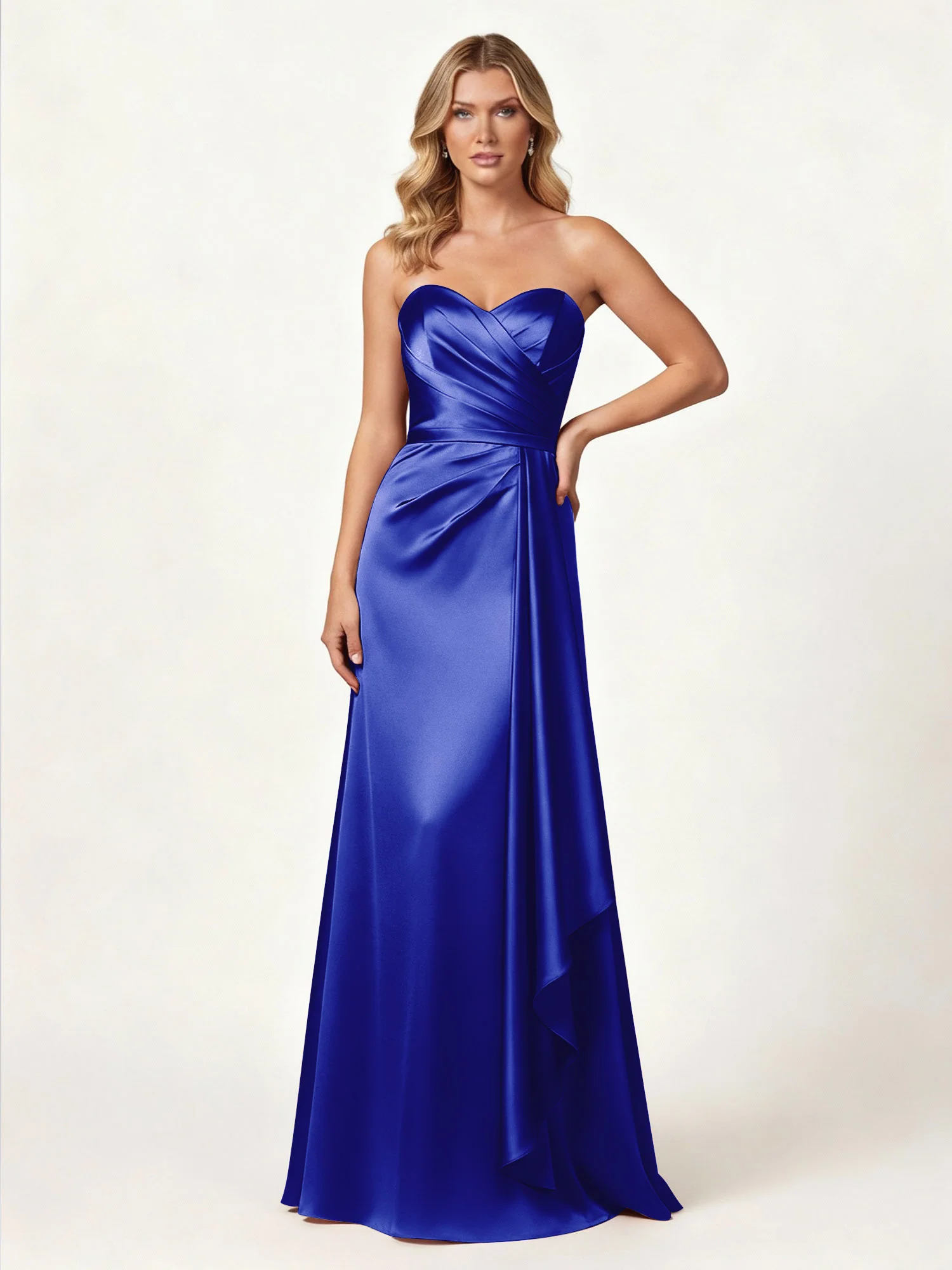 Strapless Sweetheart Neck Wrap Satin Gown Royal Blue