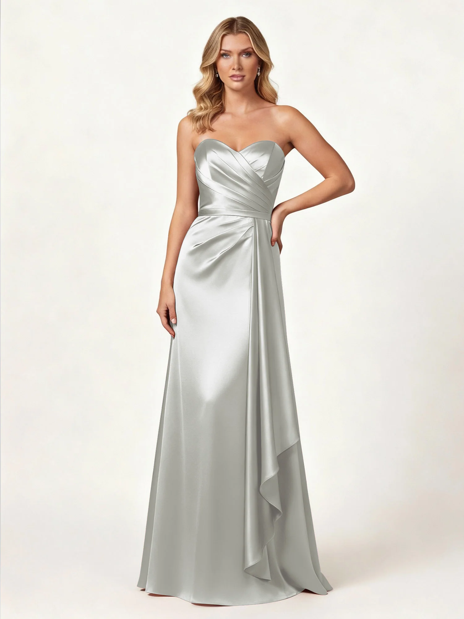 Strapless Sweetheart Neck Wrap Satin Gown Silver