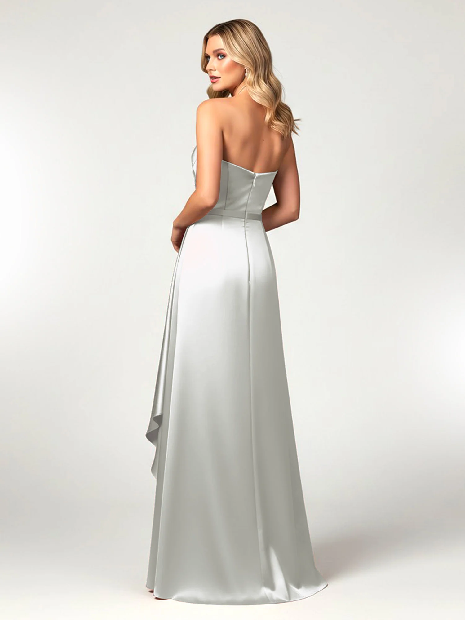 Strapless Sweetheart Neck Wrap Satin Gown Silver - Image 2