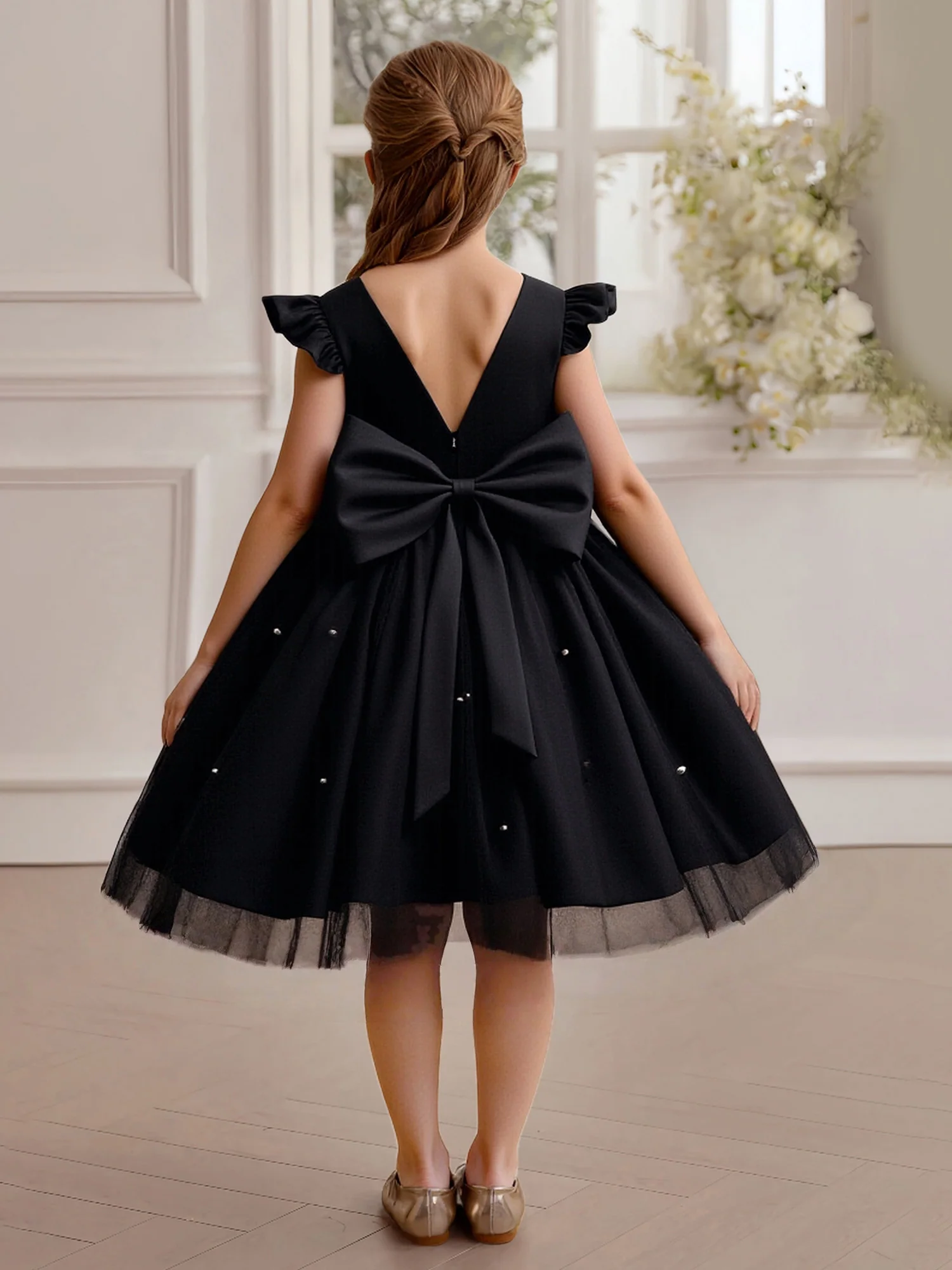 Ruffle Cap Sleeve V-Back Sparkle Flower Girl Dress Black - Image 2