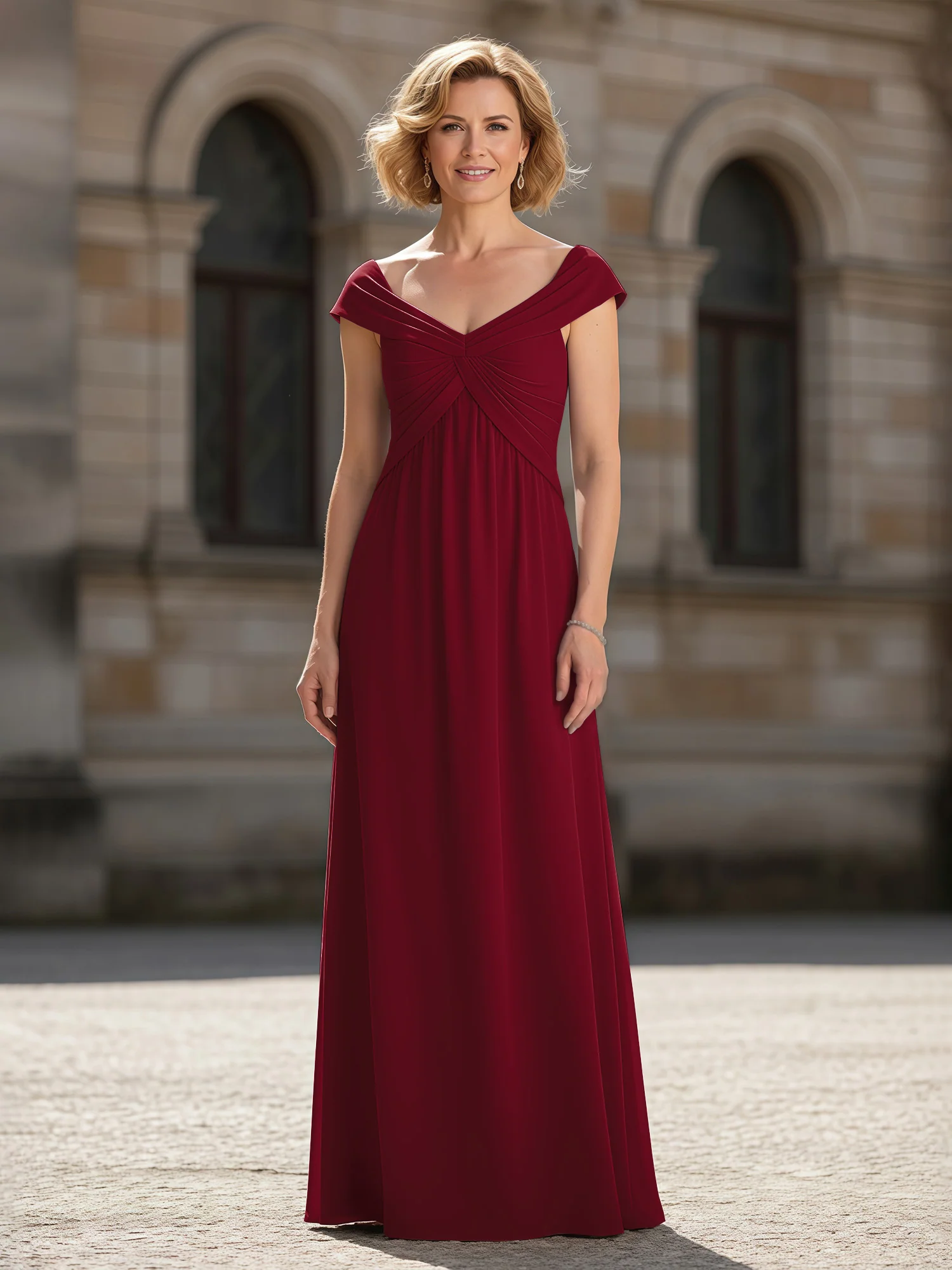 Pleated A-Line Chiffon Floor-Length Dress Burgundy