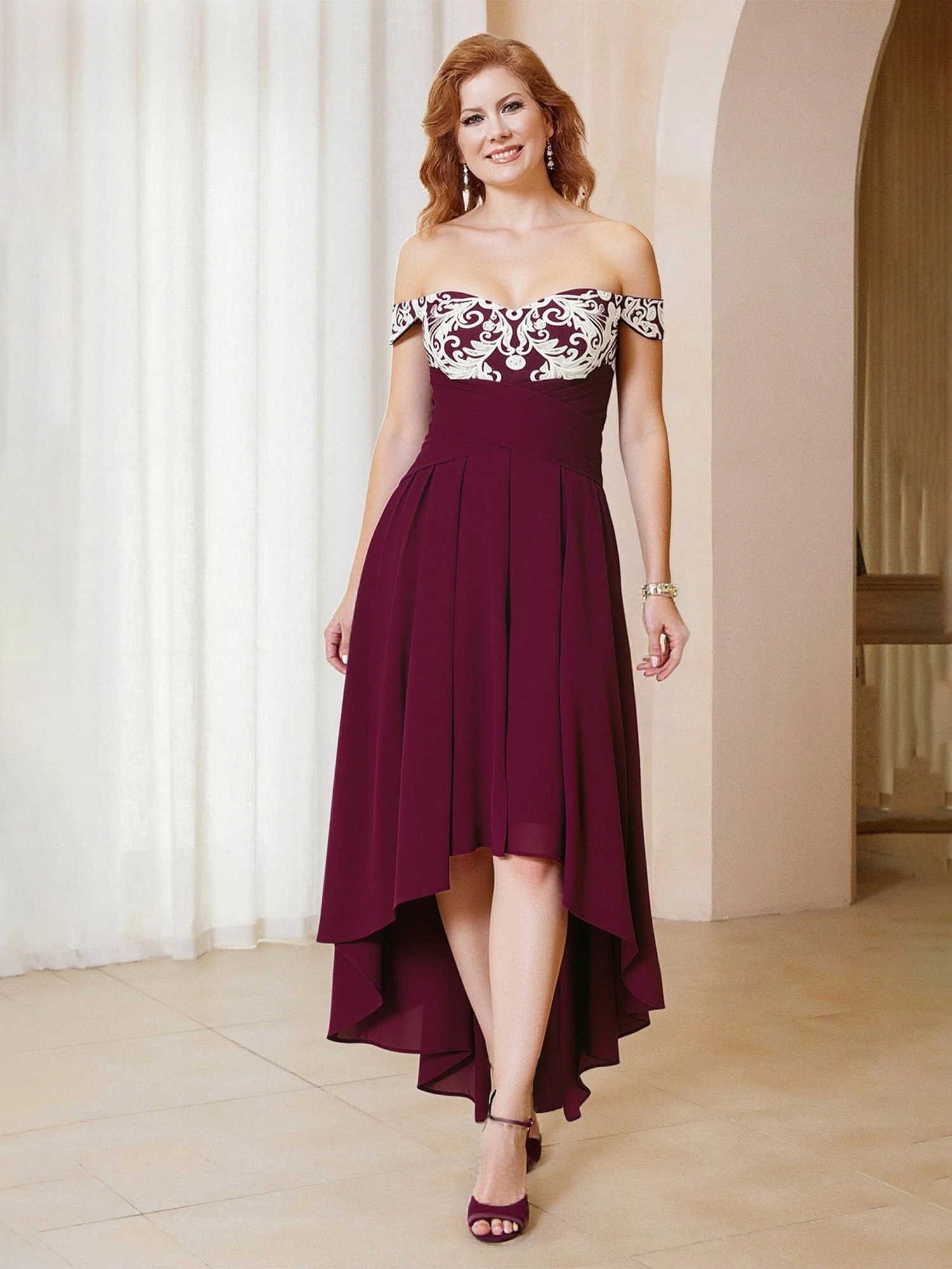 A-Line Lace Off-the-Shoulder Chiffon Asymmetrical Dress Gold