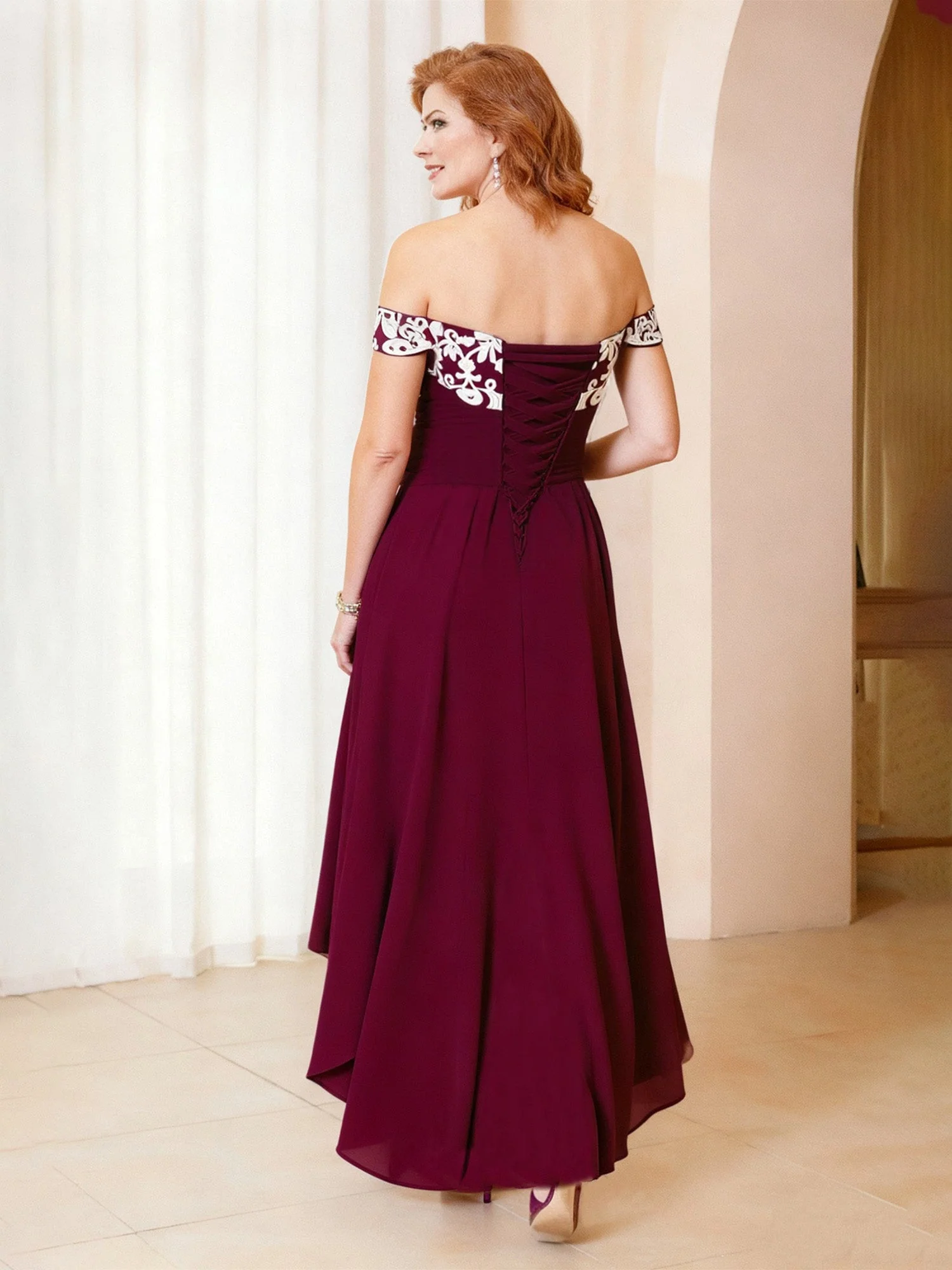 A-Line Lace Off-the-Shoulder Chiffon Asymmetrical Dress Mulberry - Image 2