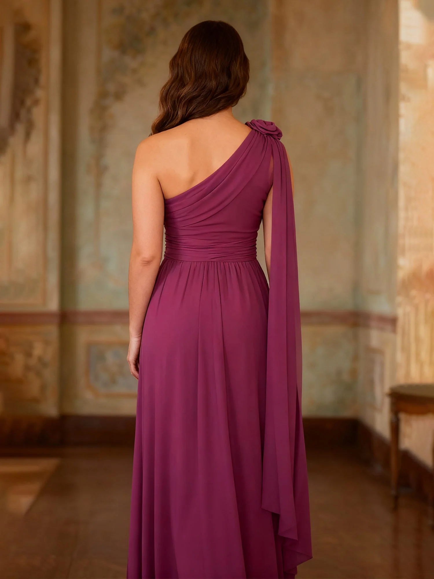 Floral One Shoulder Pleated A-Line Chiffon Long Dress Mist - Image 2