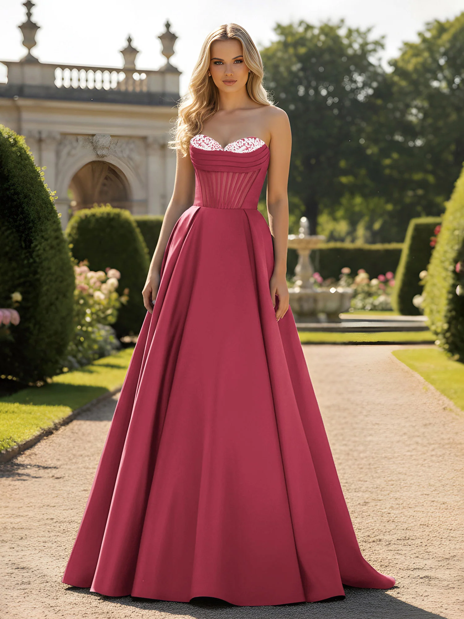 A-Line Ball Gown with Illusion Corset Bodice Cinnamon Rose