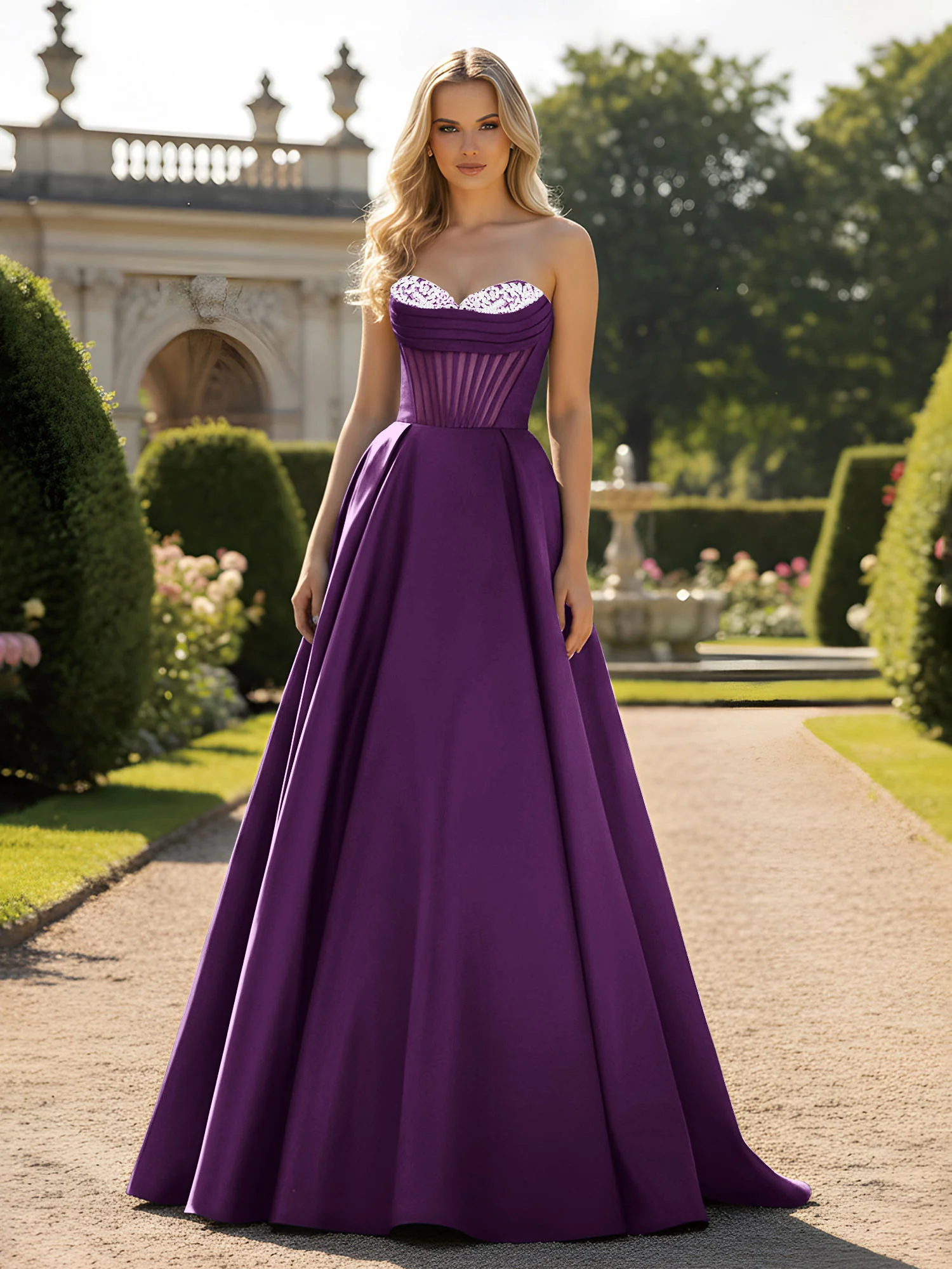 A-Line Ball Gown with Illusion Corset Bodice Grape