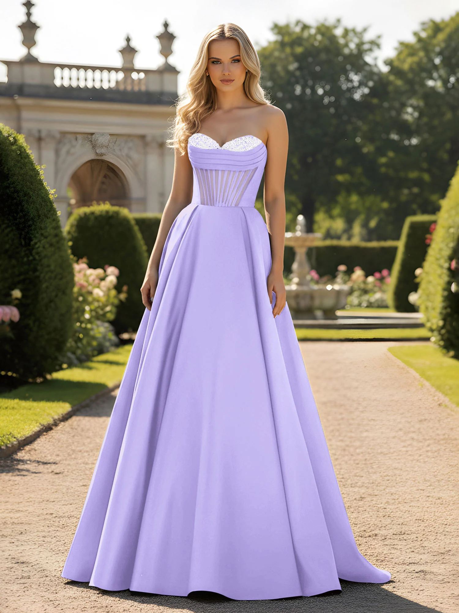 A-Line Ball Gown with Illusion Corset Bodice Lilac