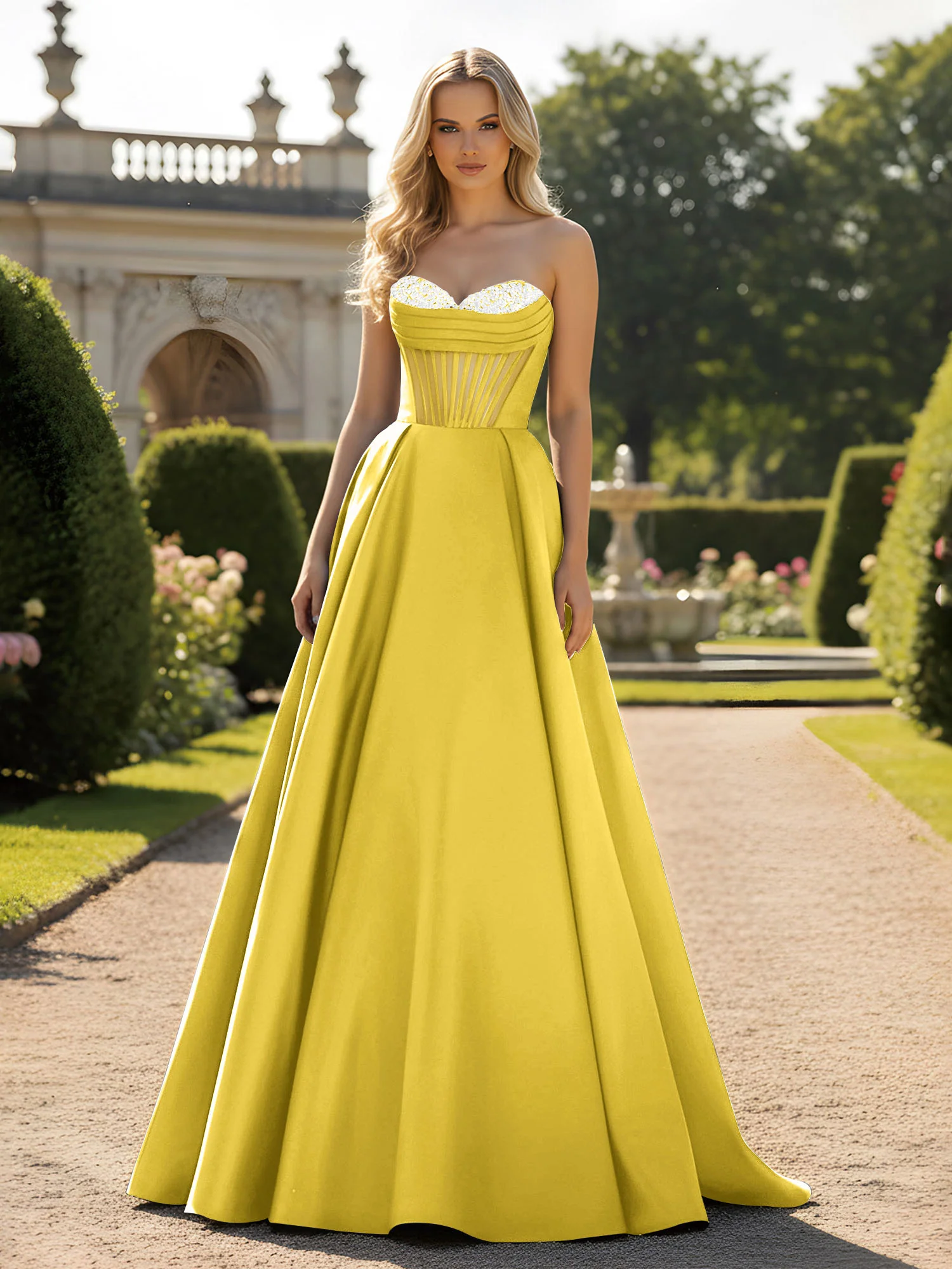 A-Line Ball Gown with Illusion Corset Bodice Marigold