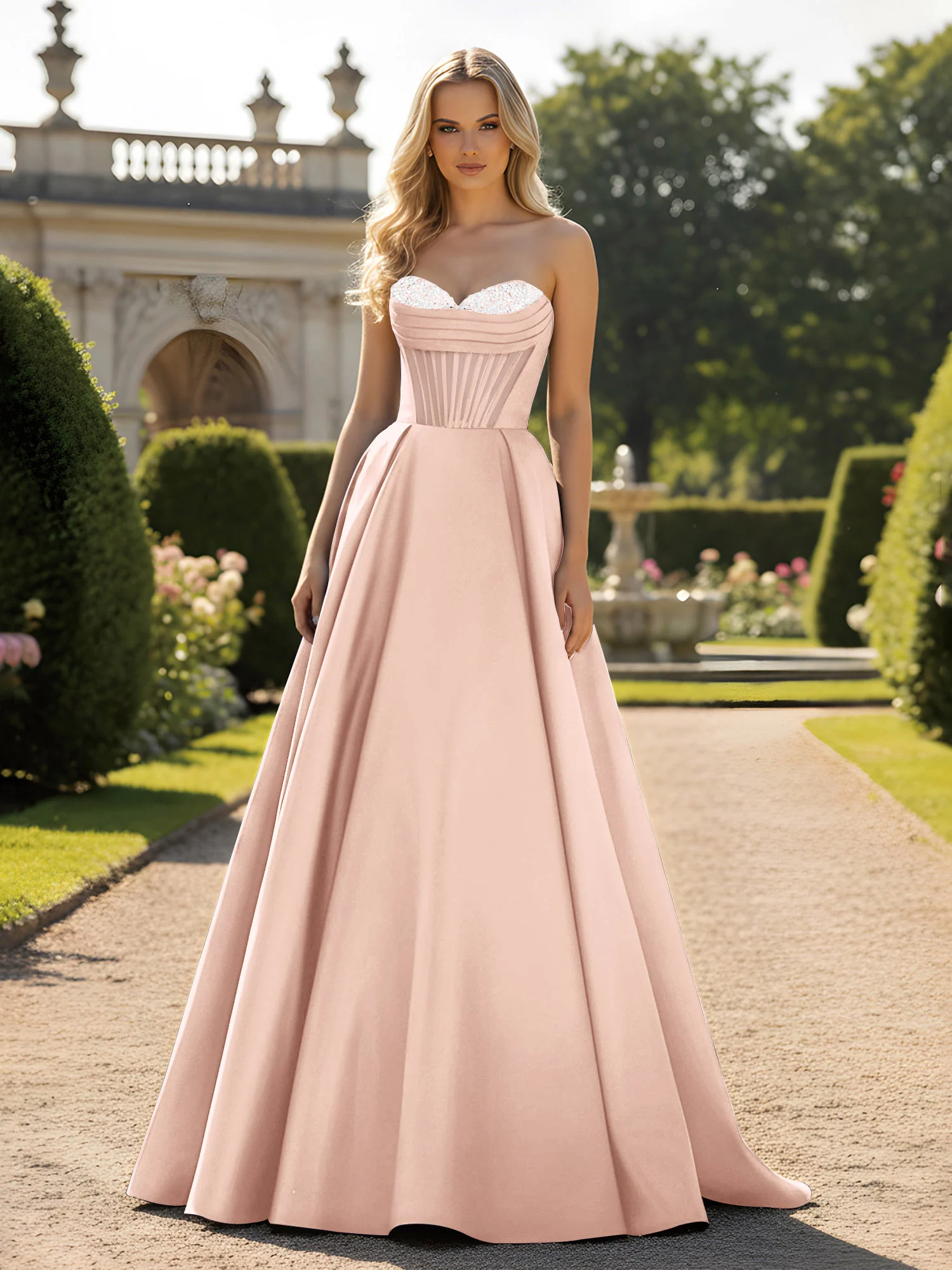 A-Line Ball Gown with Illusion Corset Bodice Pearl Pink