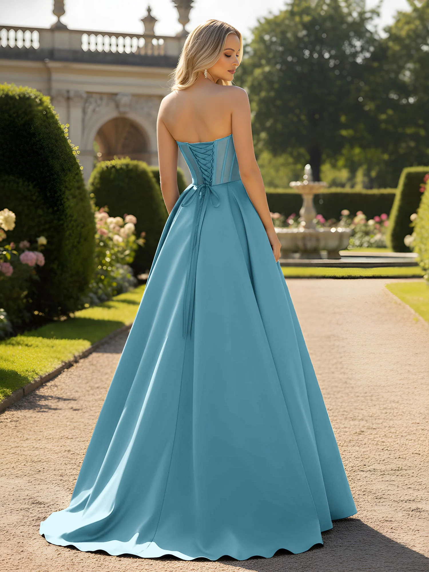 A-Line Ball Gown with Illusion Corset Bodice Pool - Image 2
