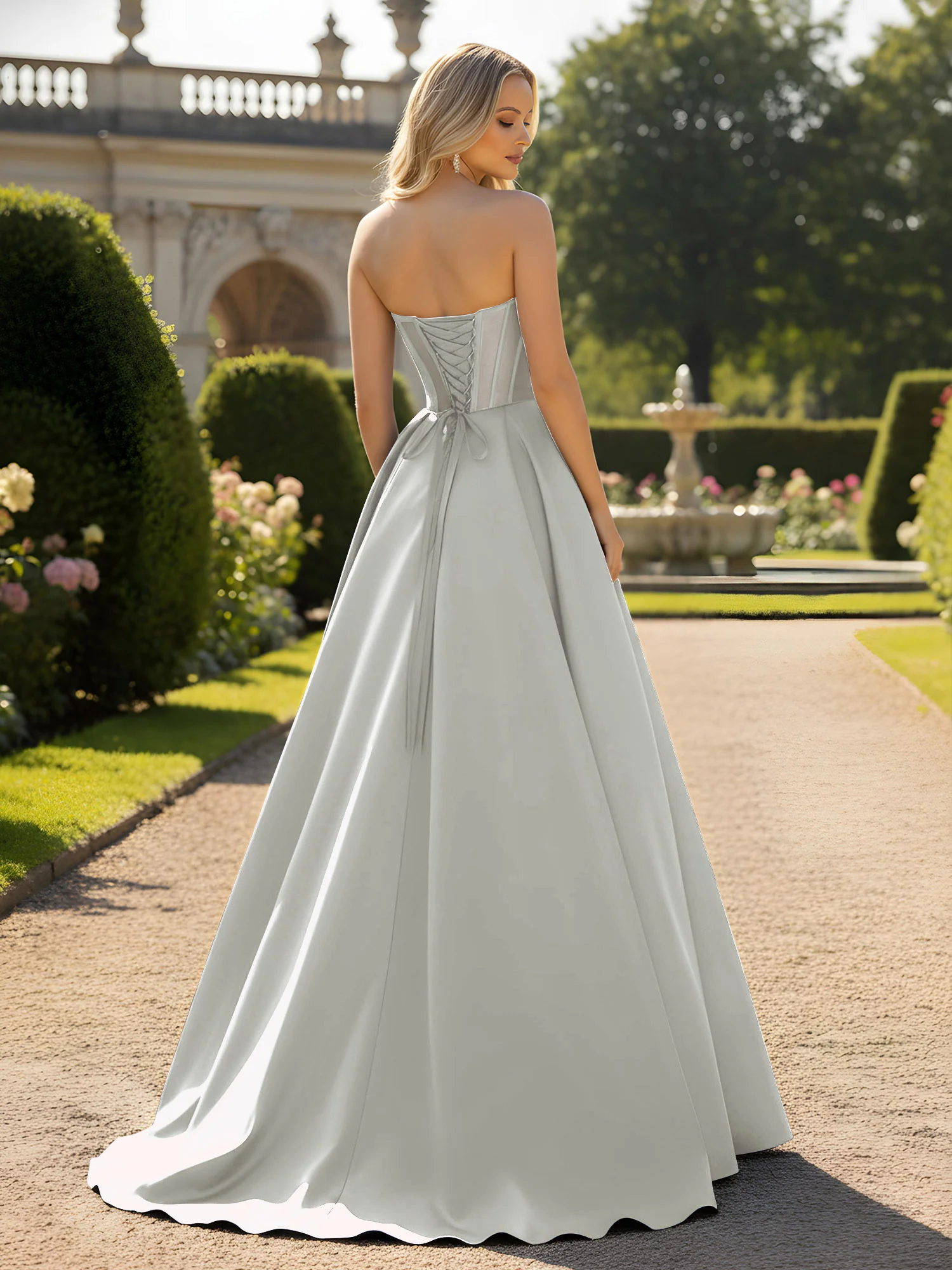 A-Line Ball Gown with Illusion Corset Bodice Silver - Image 2