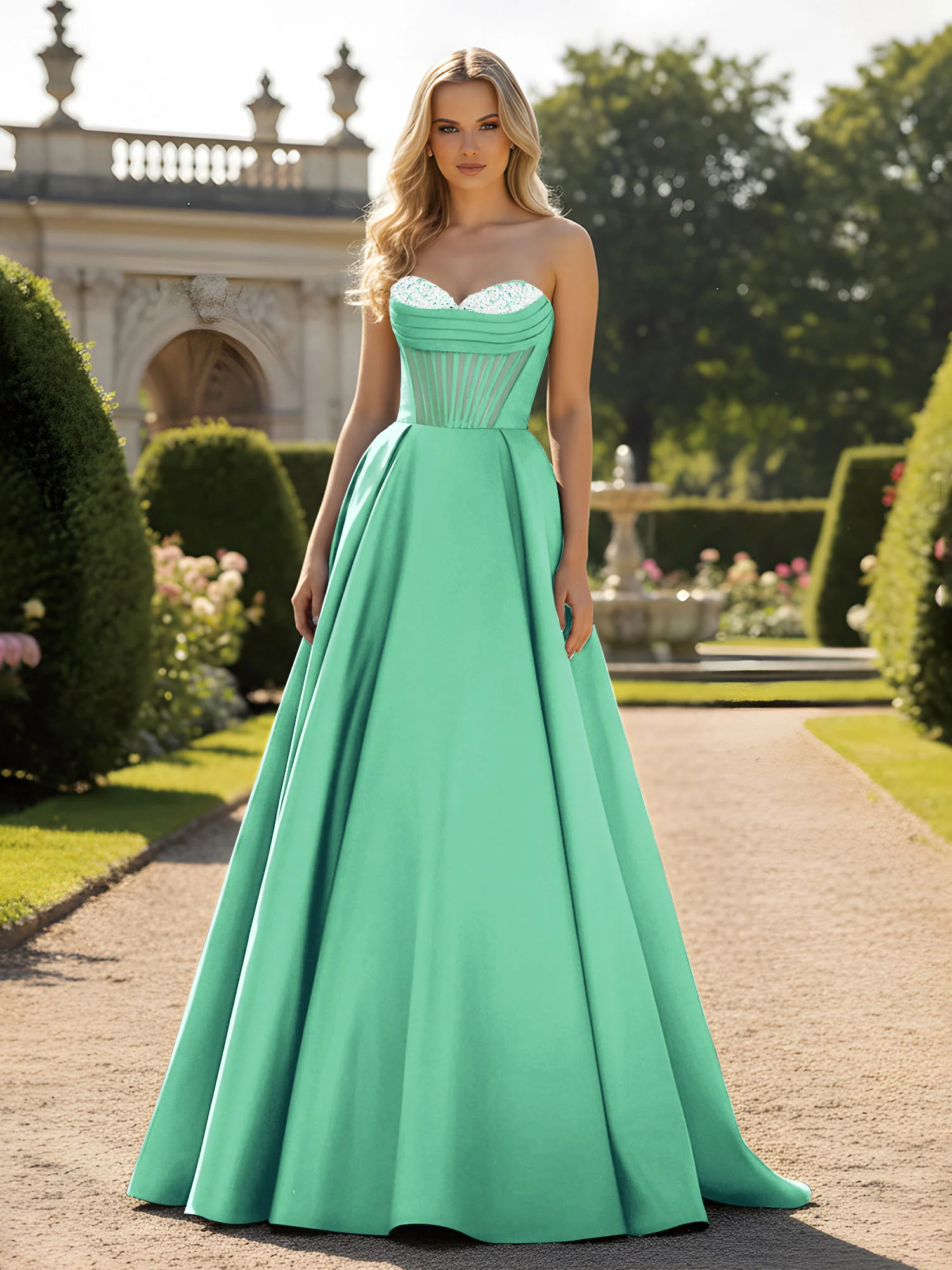 A-Line Ball Gown with Illusion Corset Bodice Turquoise