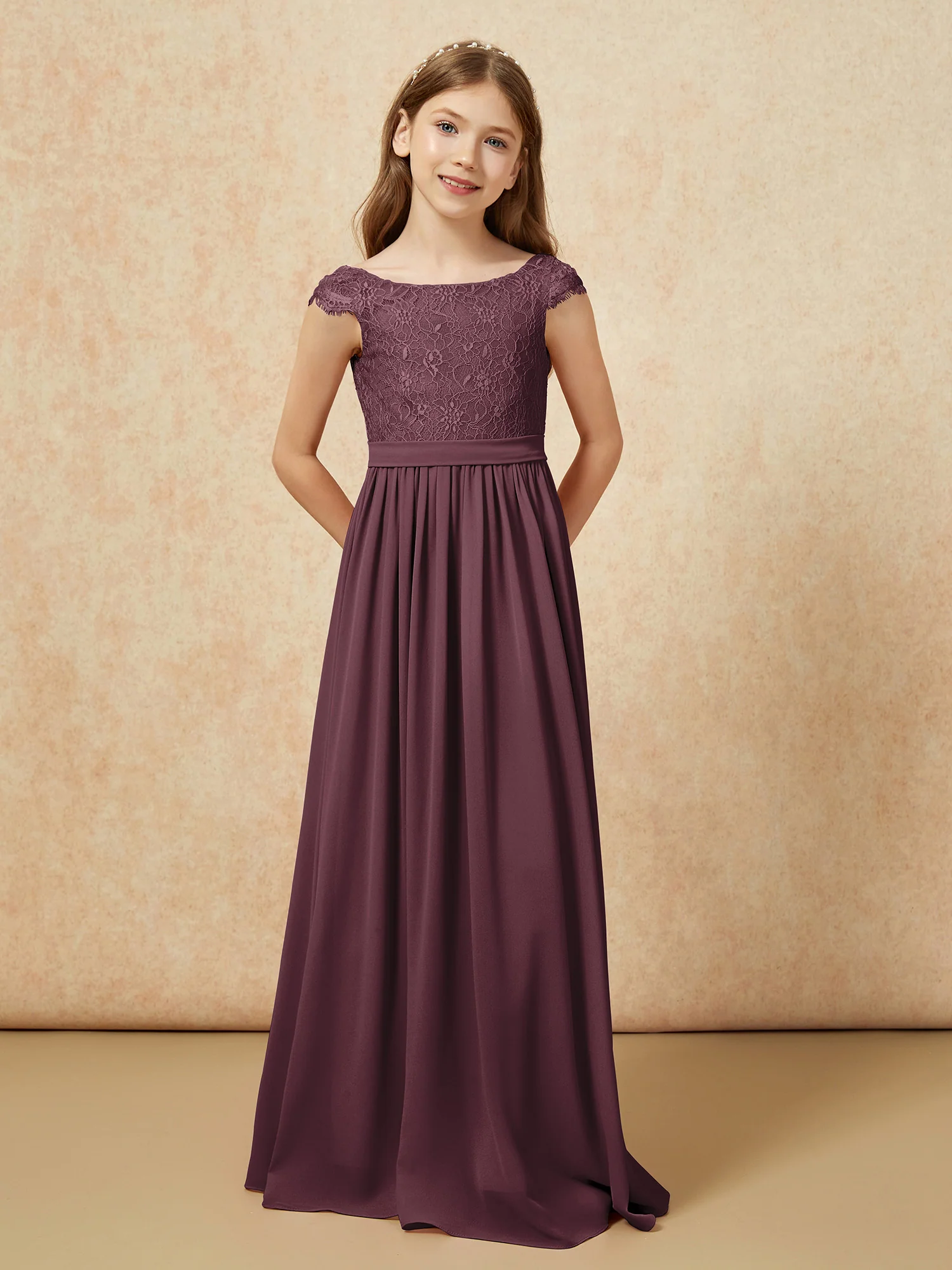Cap Sleeve Lace Chiffon Junior Bridesmaid Dresses Cabernet - Image 4