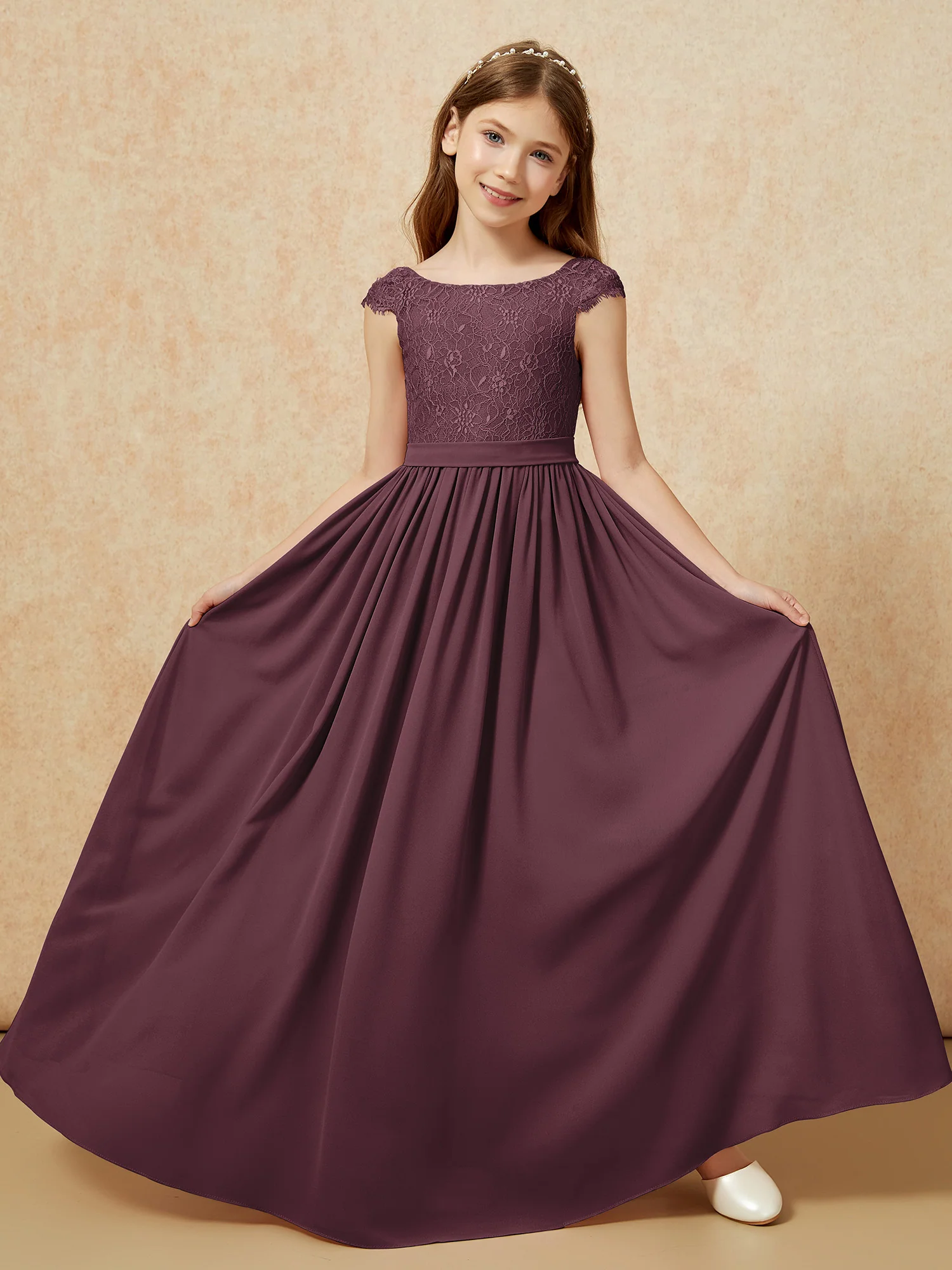 Cap Sleeve Lace Chiffon Junior Bridesmaid Dresses Cabernet - Image 5