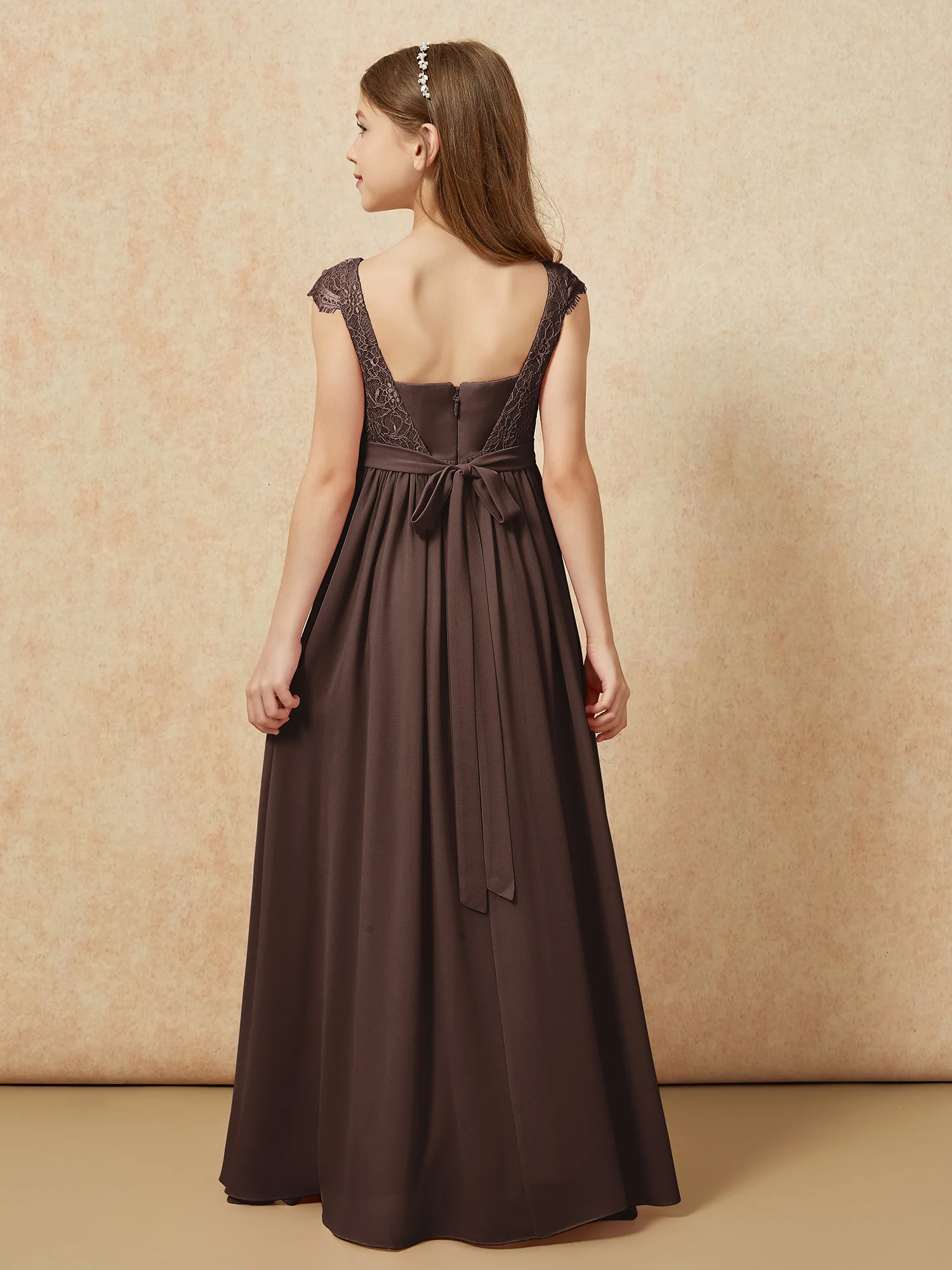 Cap Sleeve Lace Chiffon Junior Bridesmaid Dresses Chocolate - Image 2