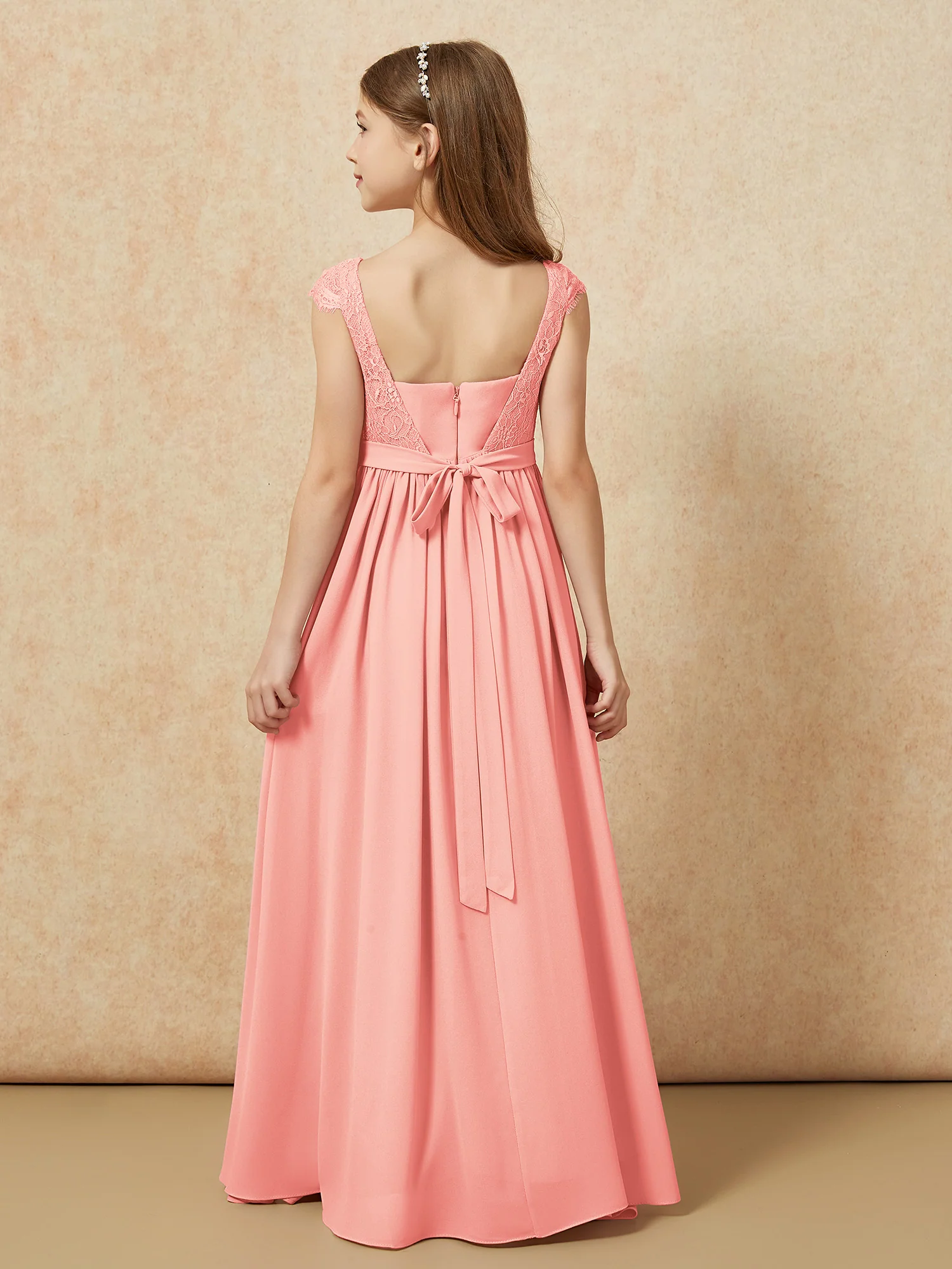 Cap Sleeve Lace Chiffon Junior Bridesmaid Dresses Coral - Image 2
