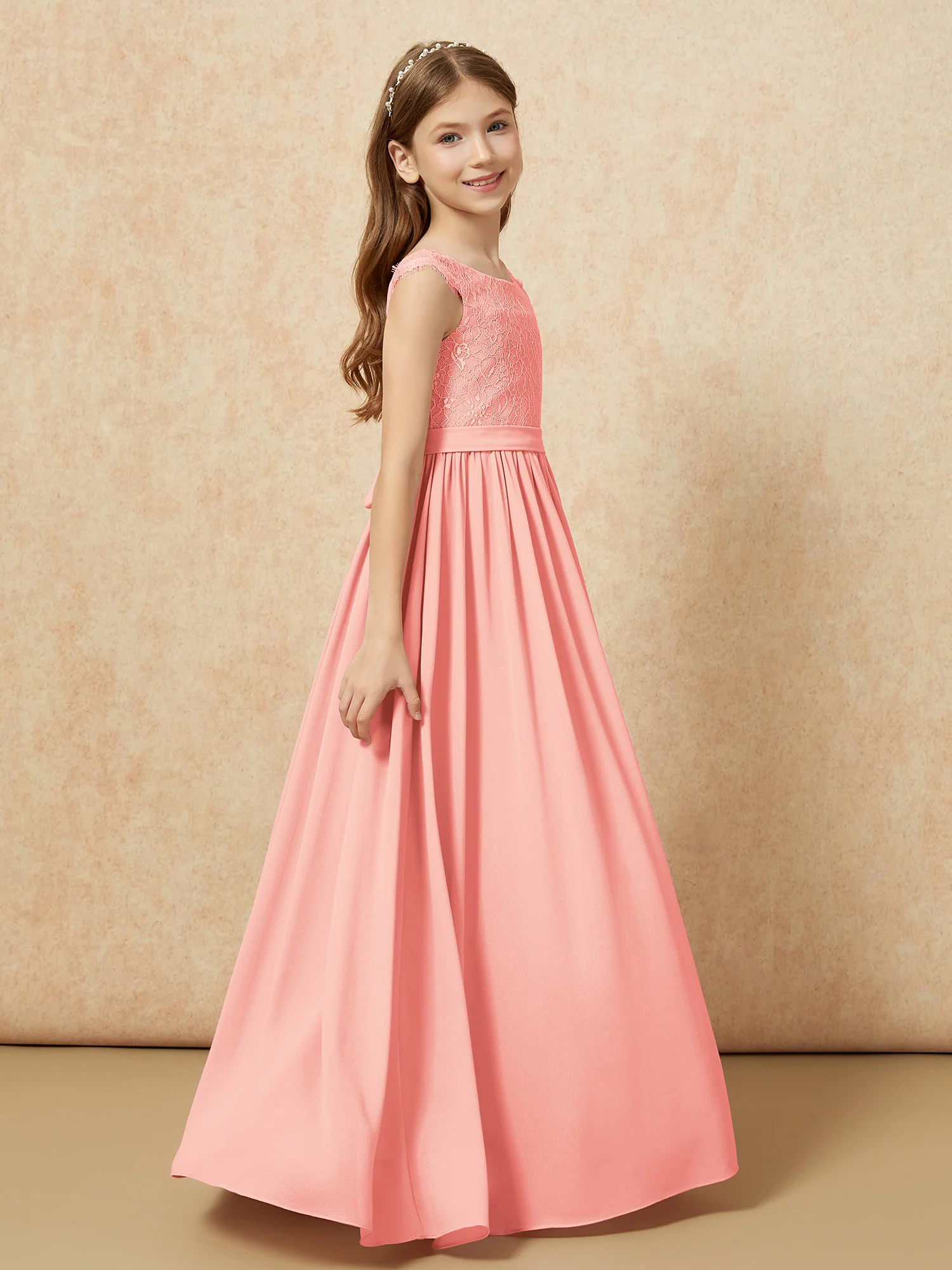 Cap Sleeve Lace Chiffon Junior Bridesmaid Dresses Coral - Image 3