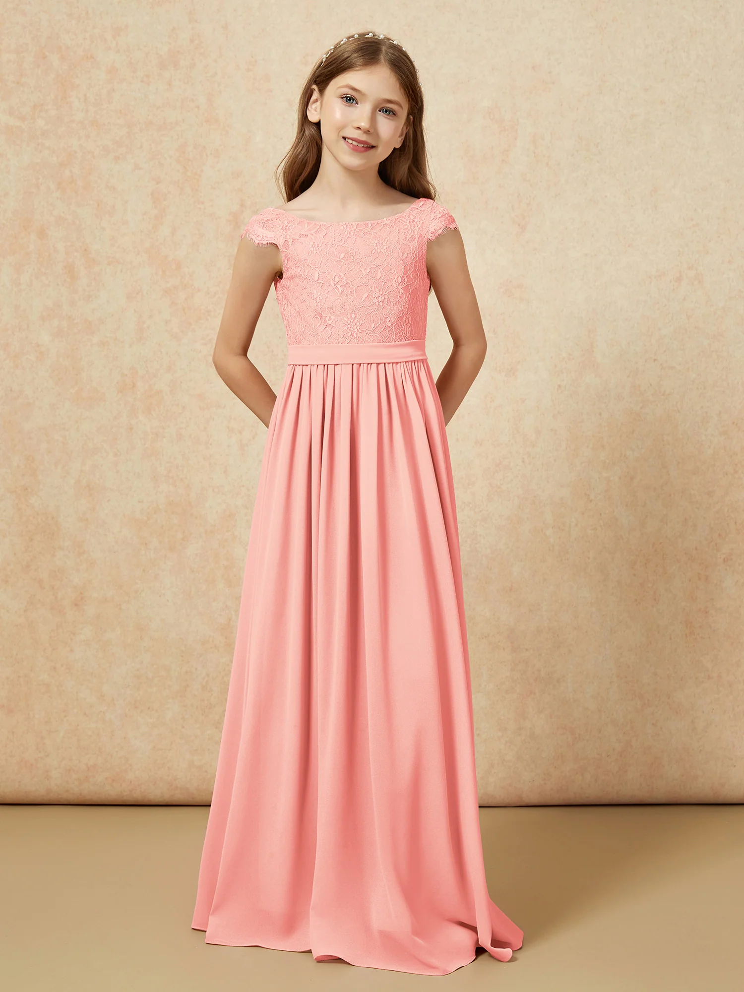 Cap Sleeve Lace Chiffon Junior Bridesmaid Dresses Coral - Image 4