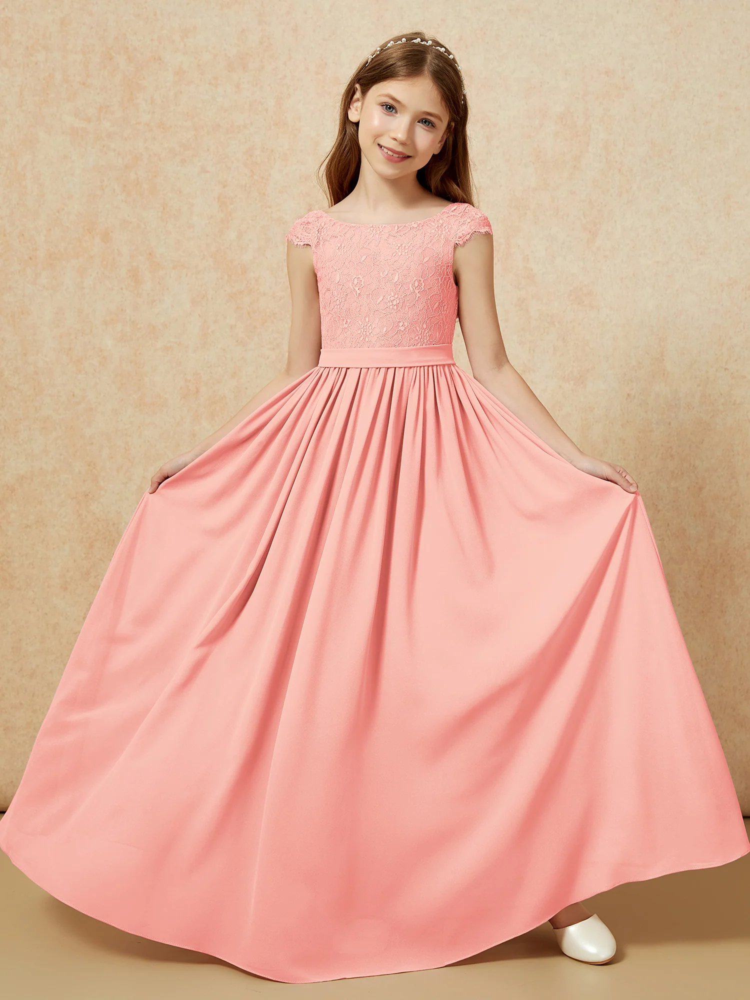 Cap Sleeve Lace Chiffon Junior Bridesmaid Dresses Coral - Image 5