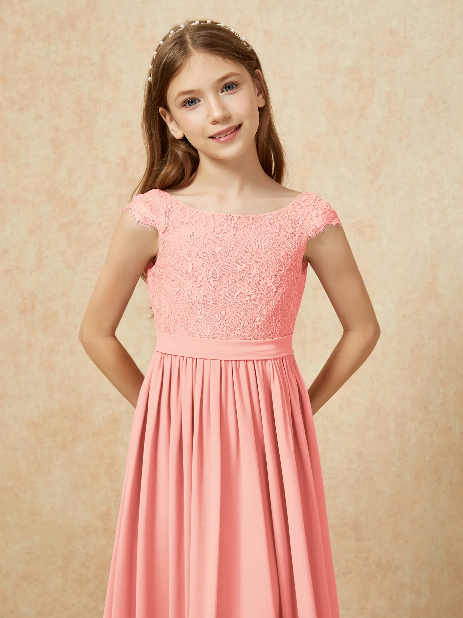 Cap Sleeve Lace Chiffon Junior Bridesmaid Dresses Coral - Image 6