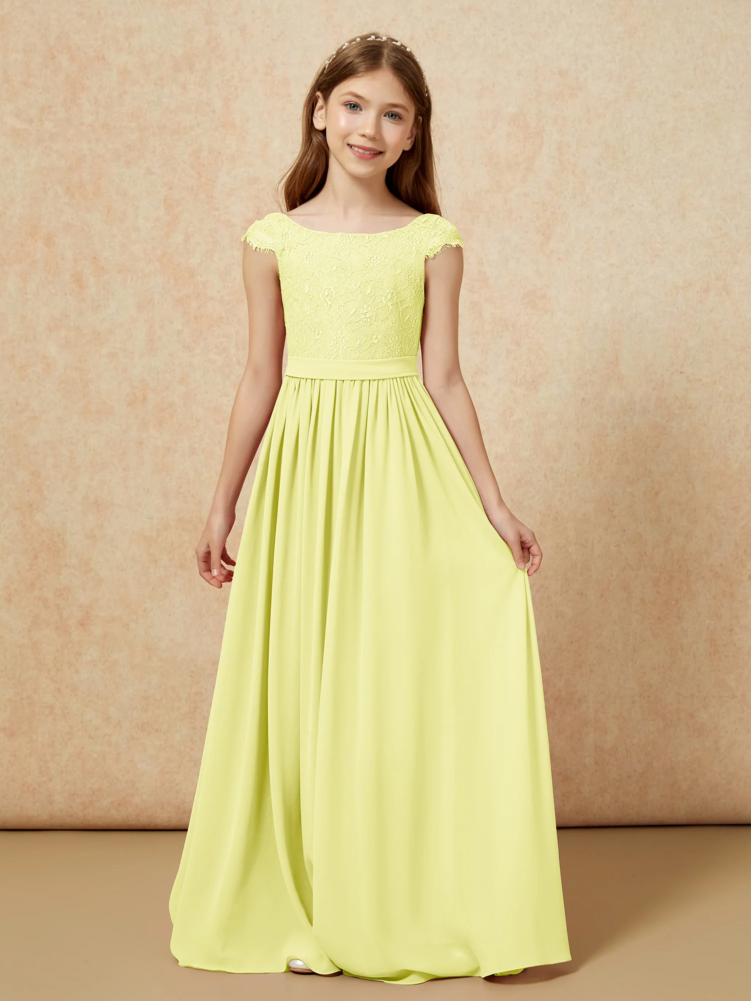Cap Sleeve Lace Chiffon Junior Bridesmaid Dresses Daffodil