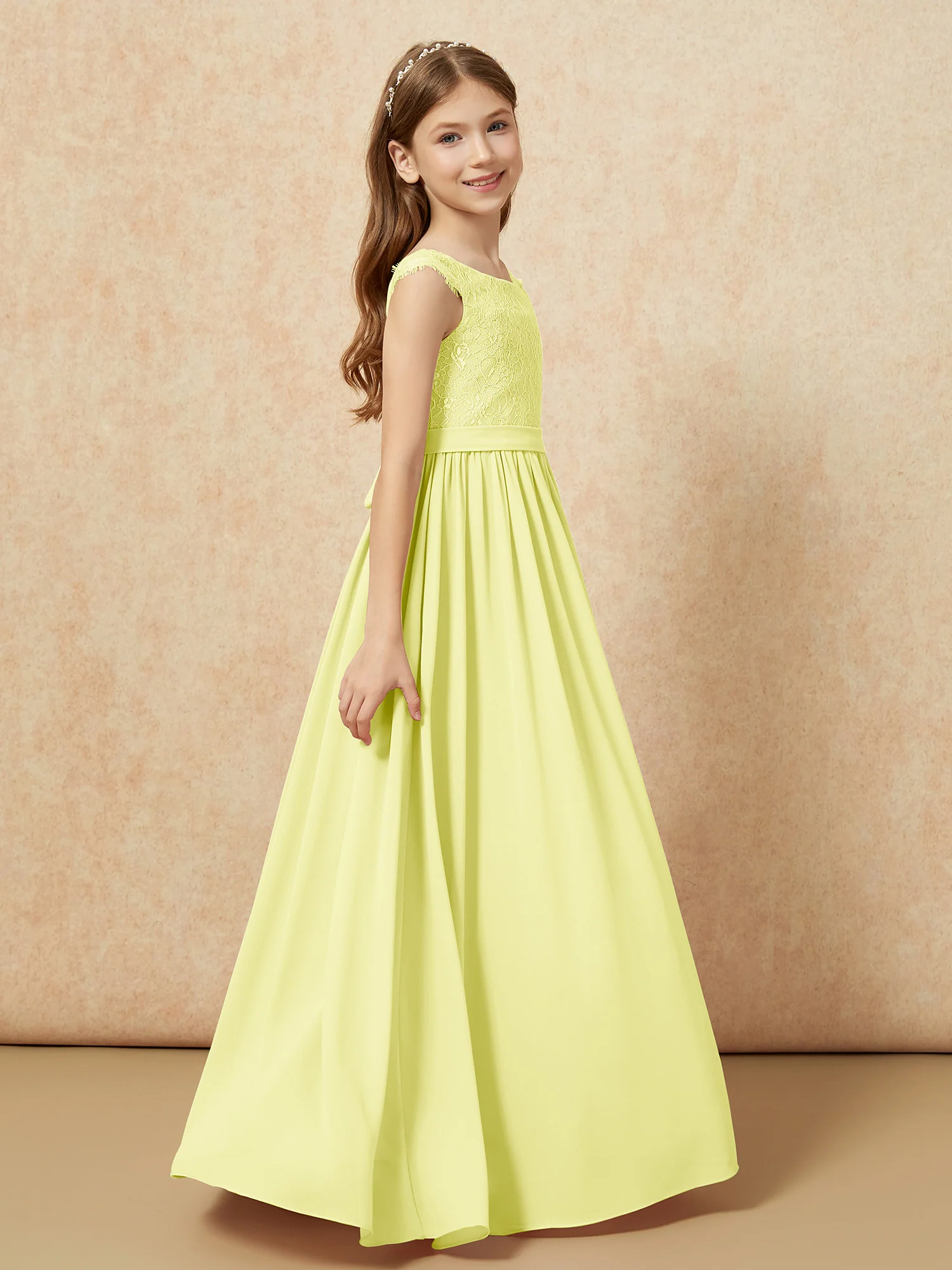Cap Sleeve Lace Chiffon Junior Bridesmaid Dresses Daffodil - Image 3