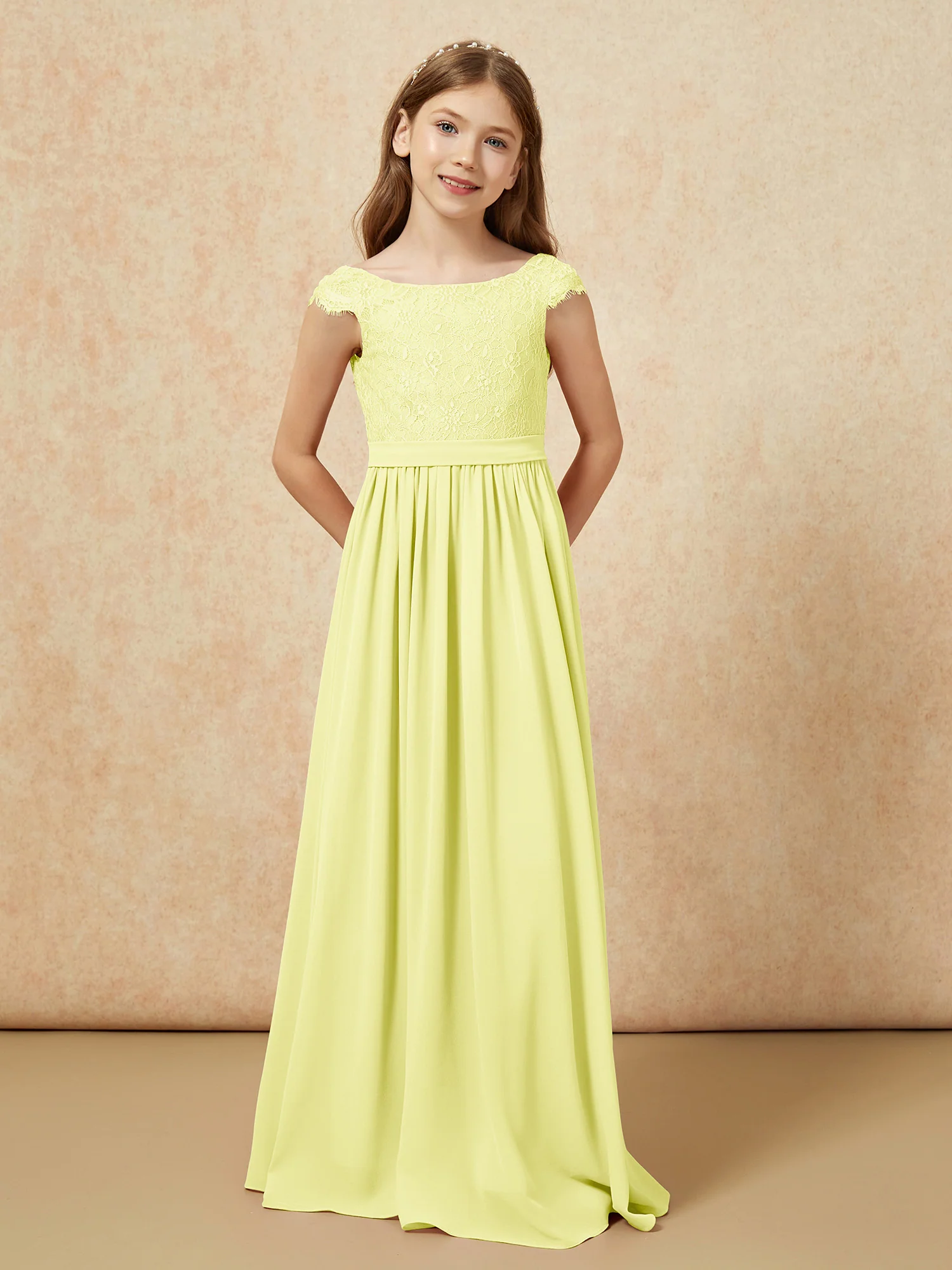 Cap Sleeve Lace Chiffon Junior Bridesmaid Dresses Daffodil - Image 4